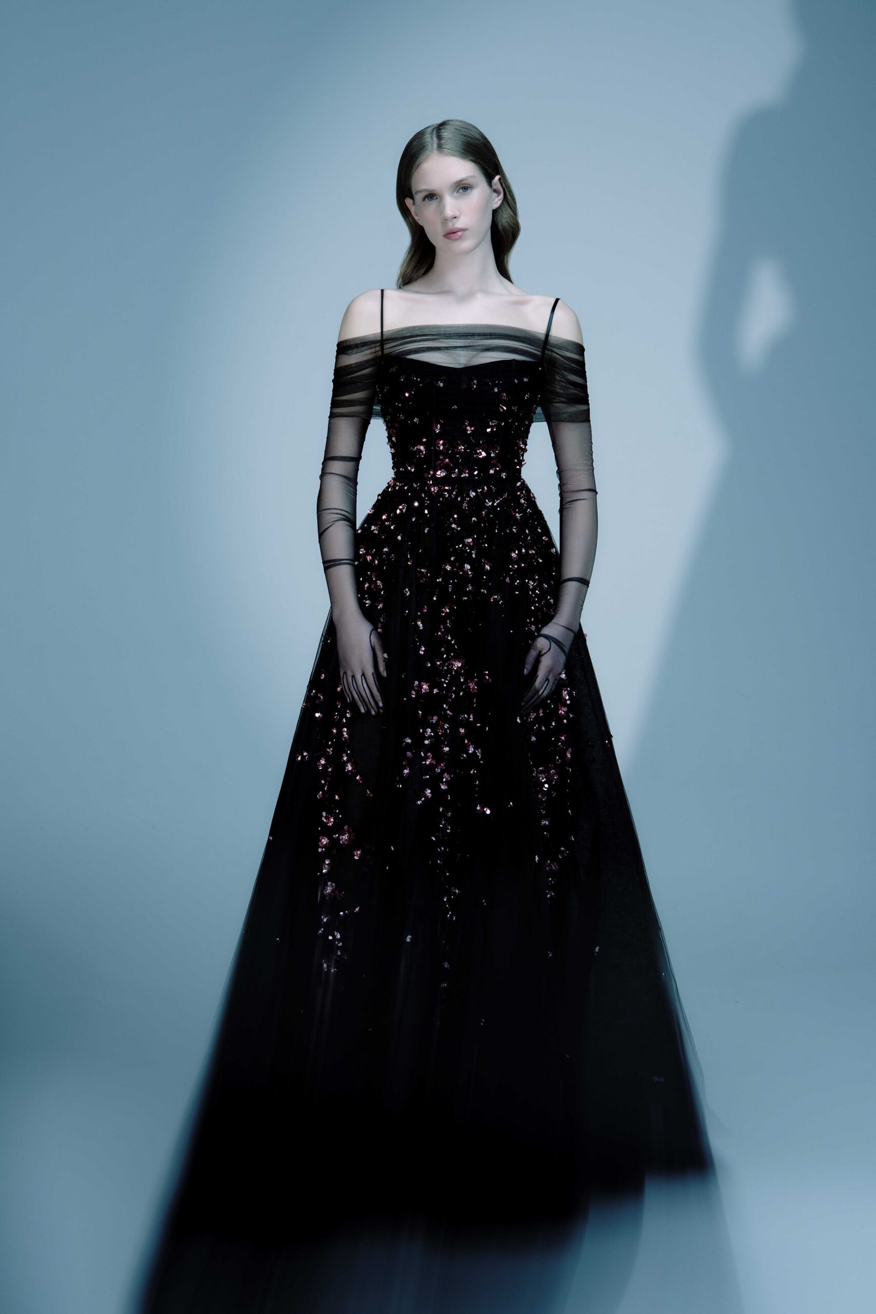 black off-shoulder embellished gown