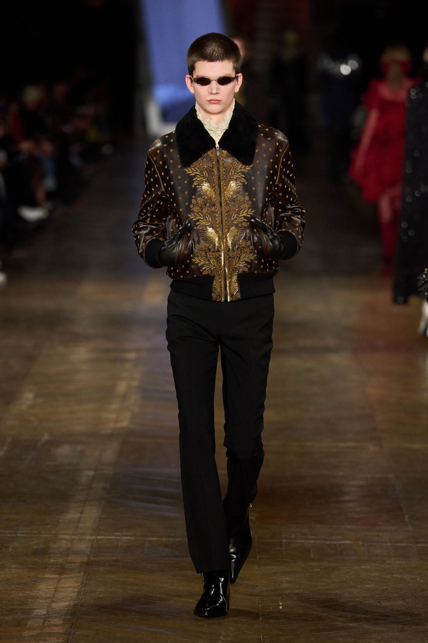brown silk long-sleeve collared fitted embroidered zippered jacket