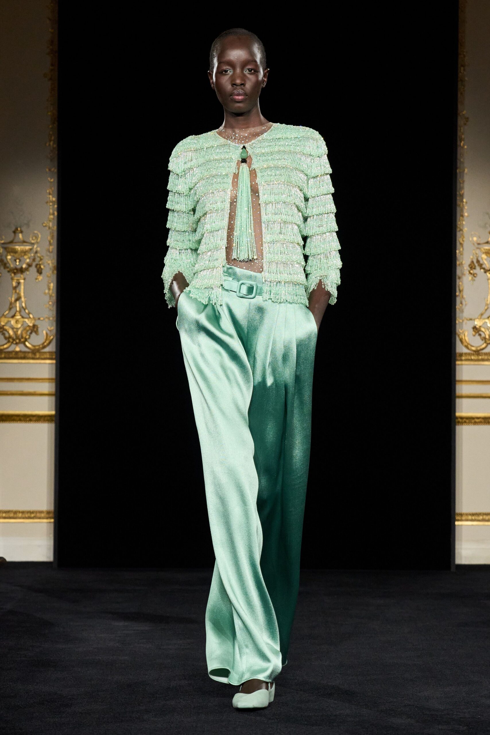 green satin fitted wide-leg belted pants
