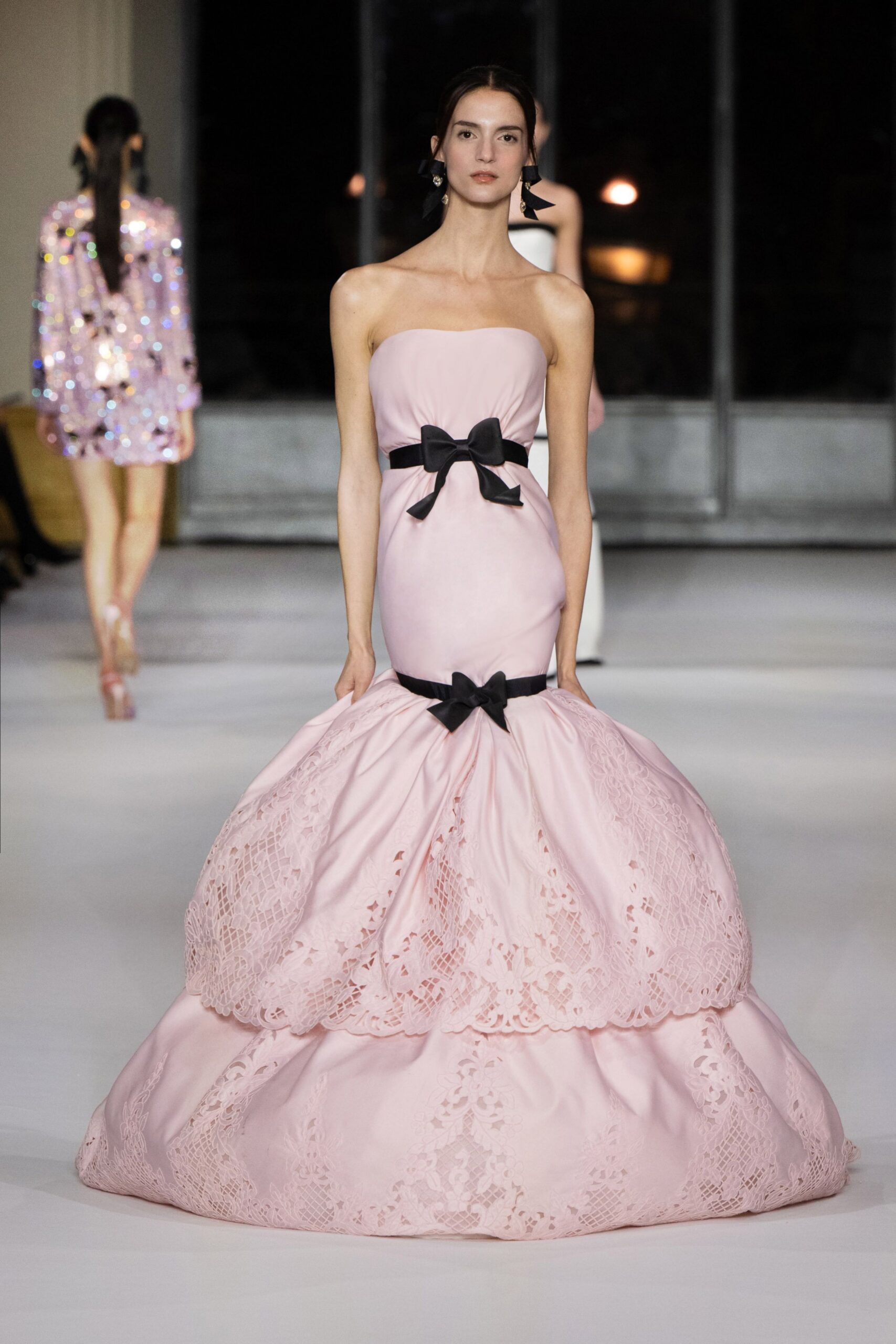pink silk strapless gown
