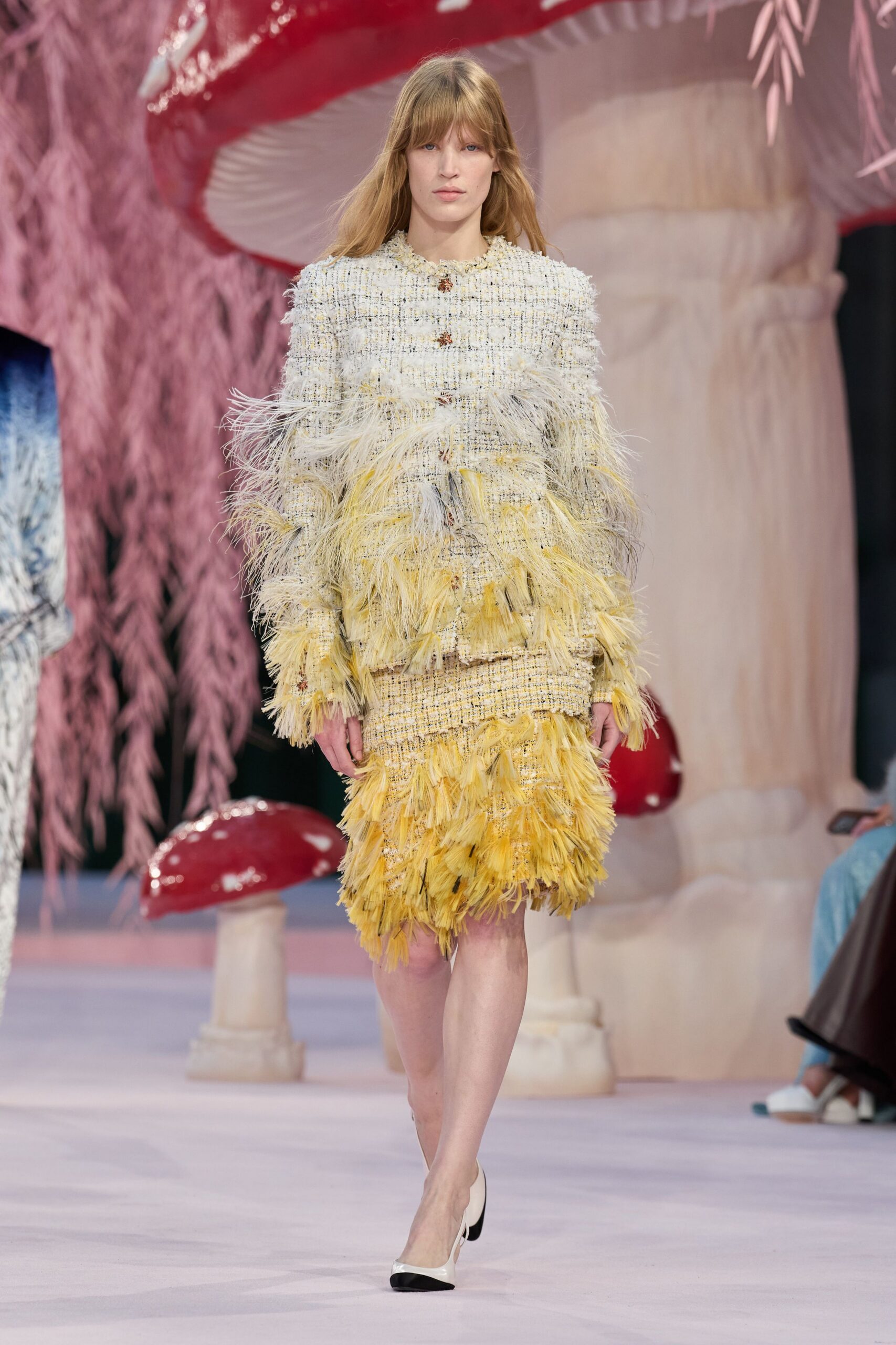yellow tweed long-sleeve collared fitted layered ruffled dress