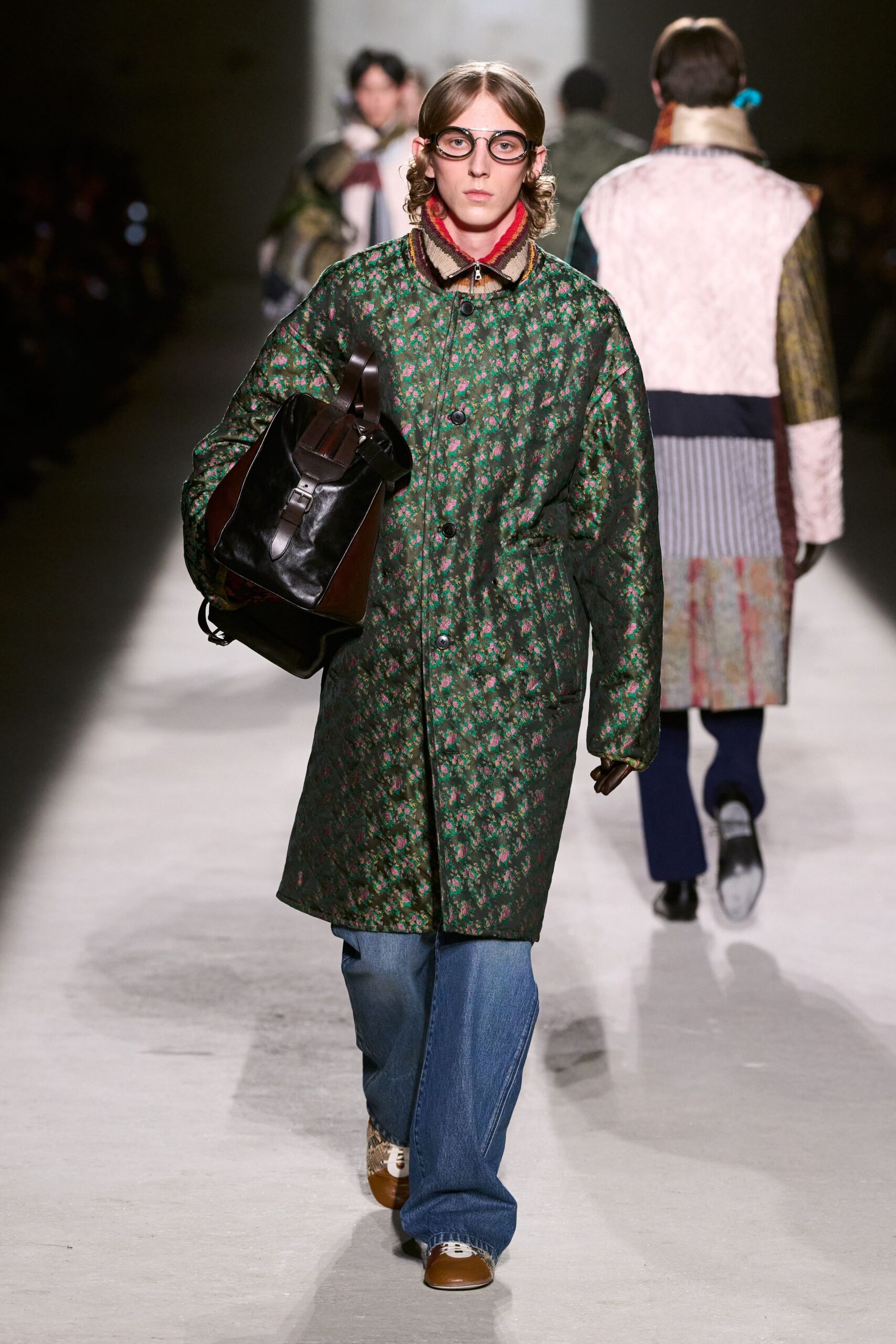 green cotton long-sleeve collared relaxed floral buttoned coat