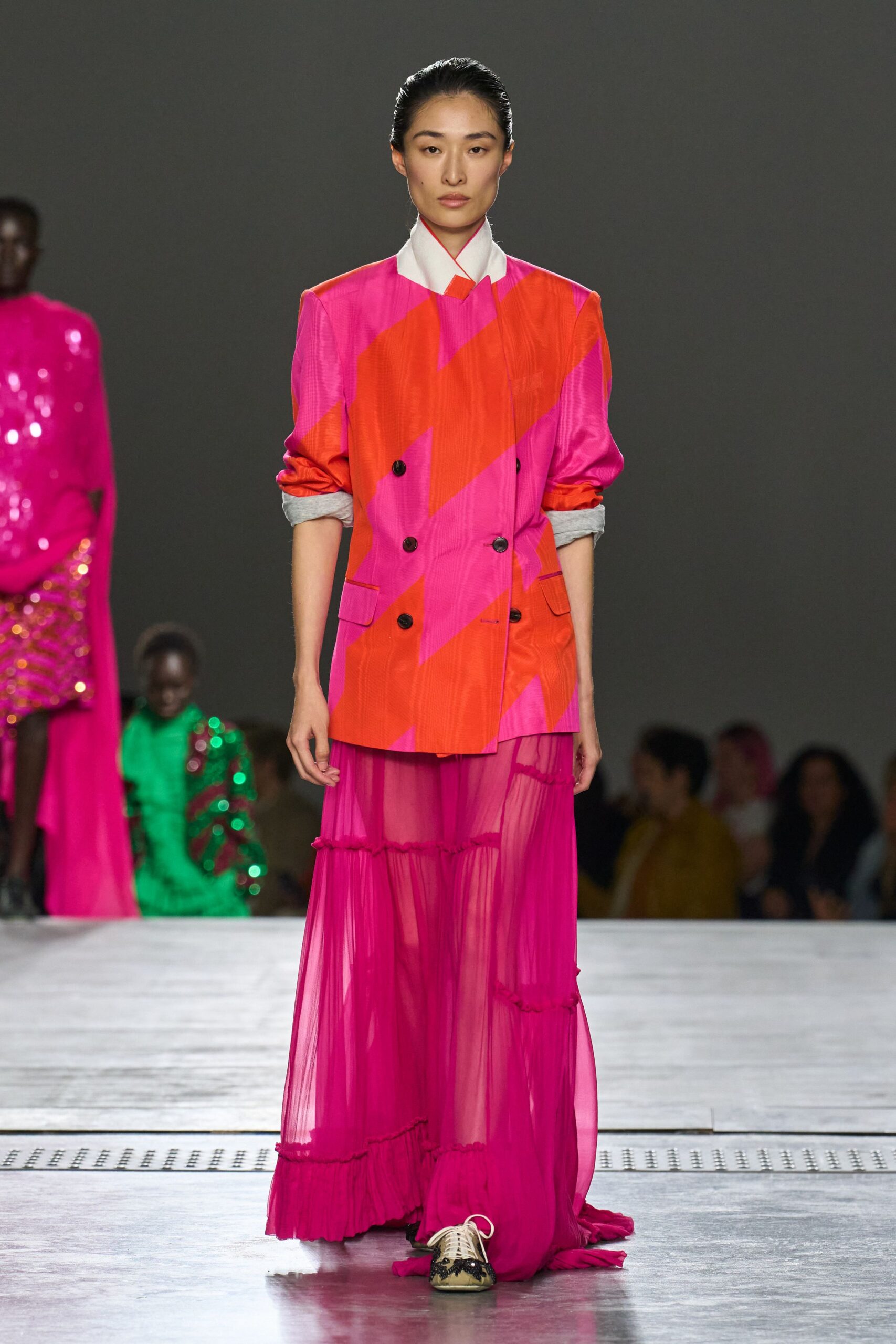 orange long-sleeve collared structured color-blocked blazer