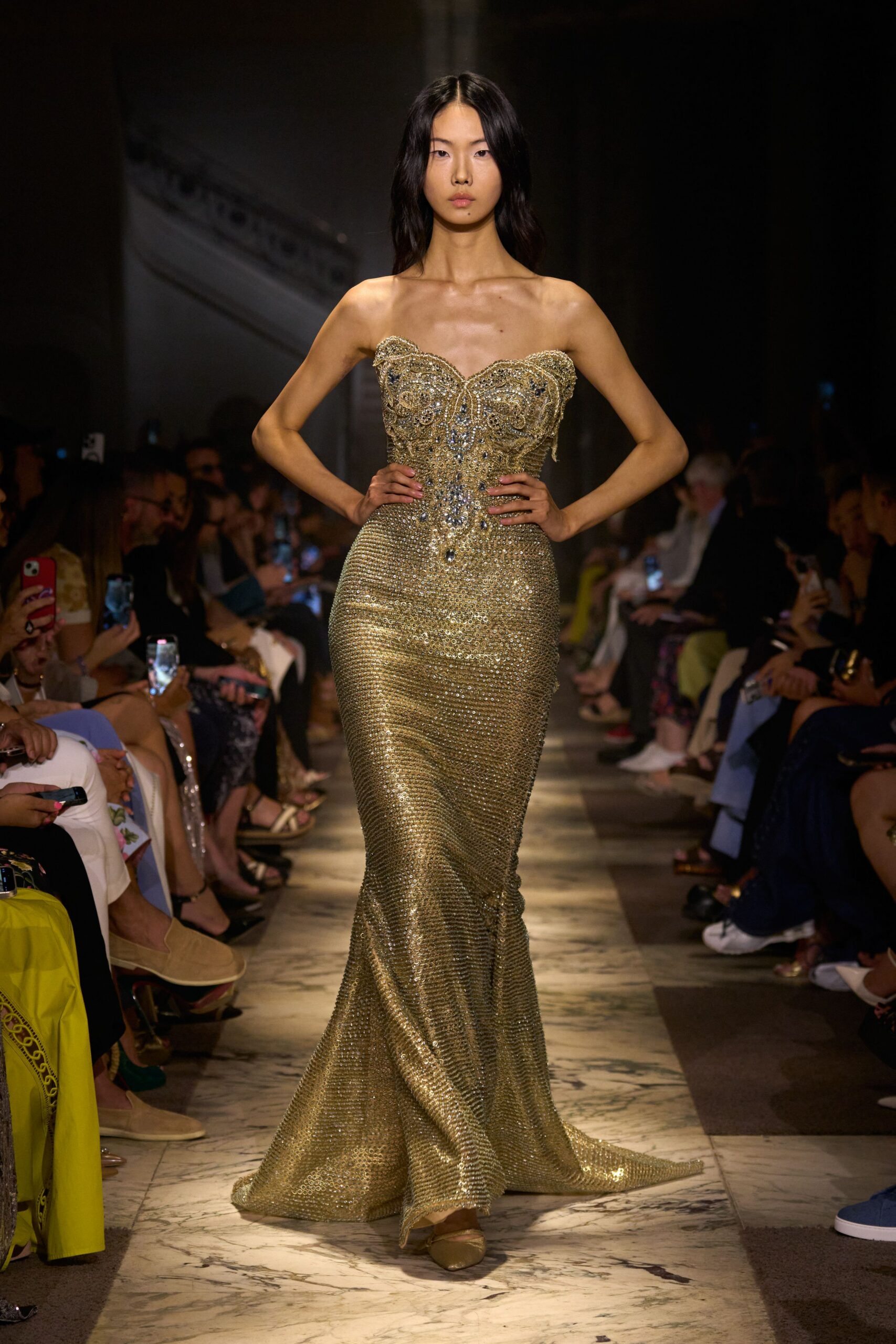 gold embellished strapless gown