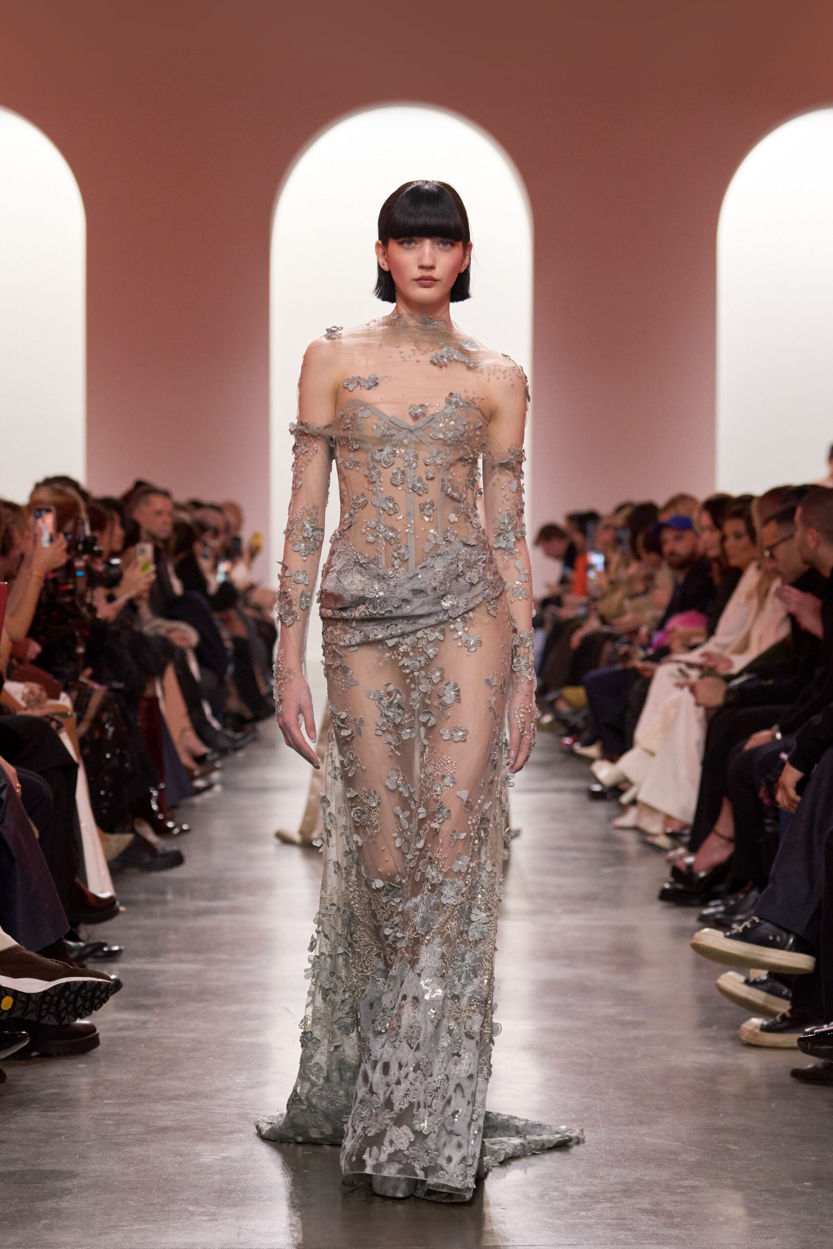 gray silk off-shoulder gown