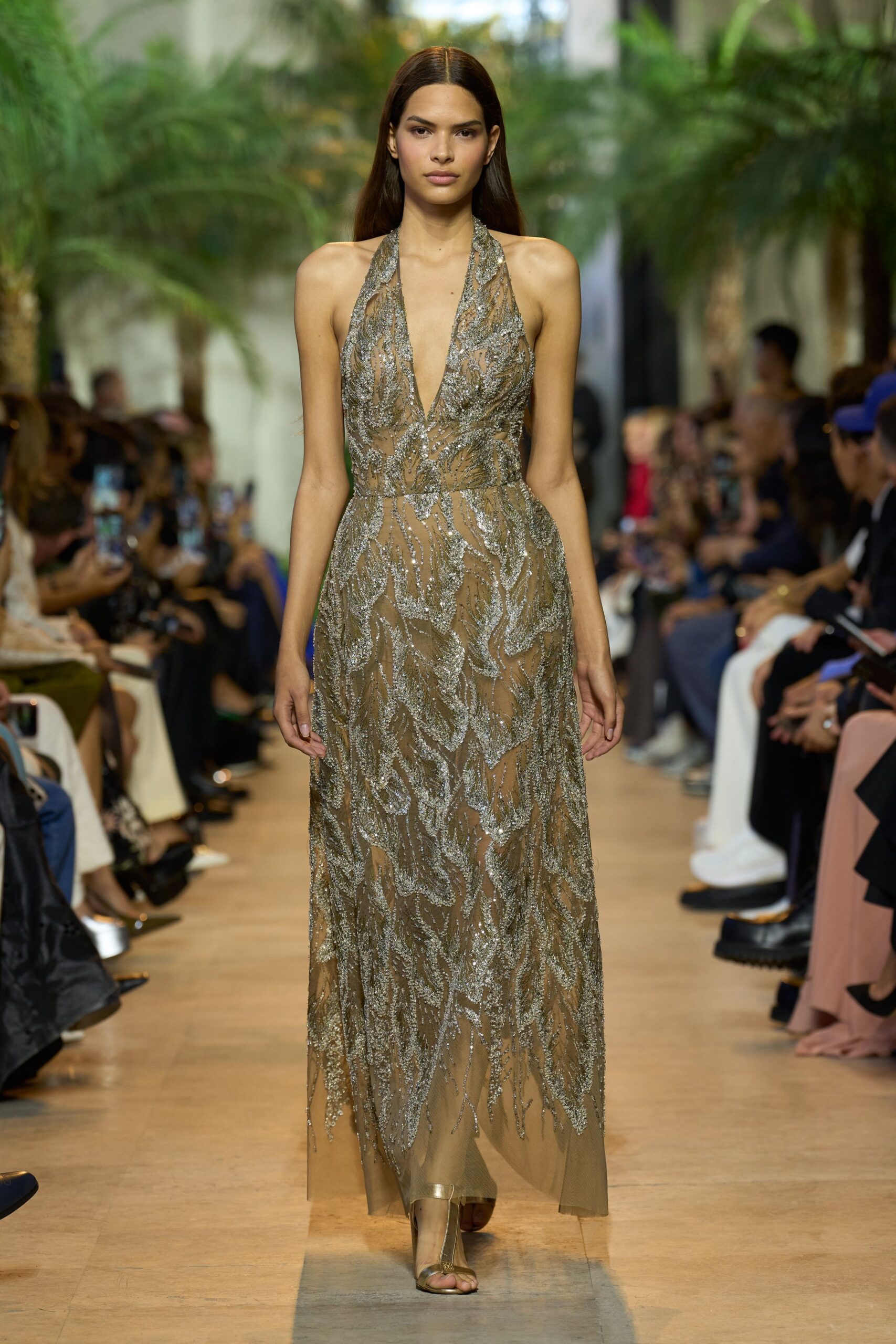 gold silk sleeveless v-neck fitted embellished sheer gown