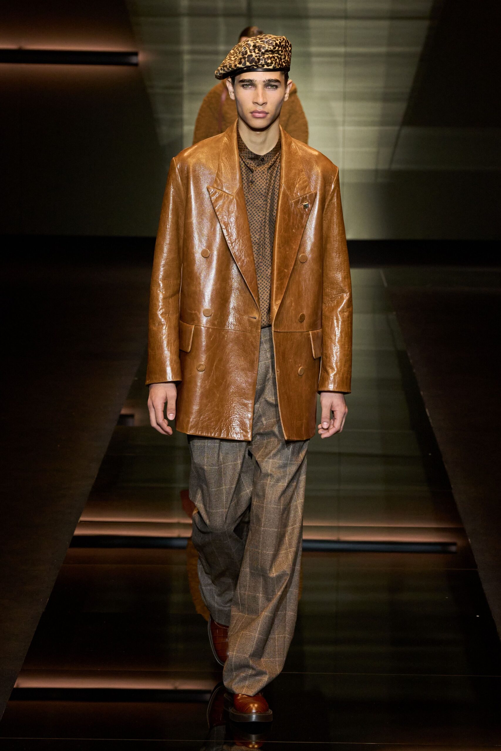 brown leather long-sleeve collared structured buttoned jacket
