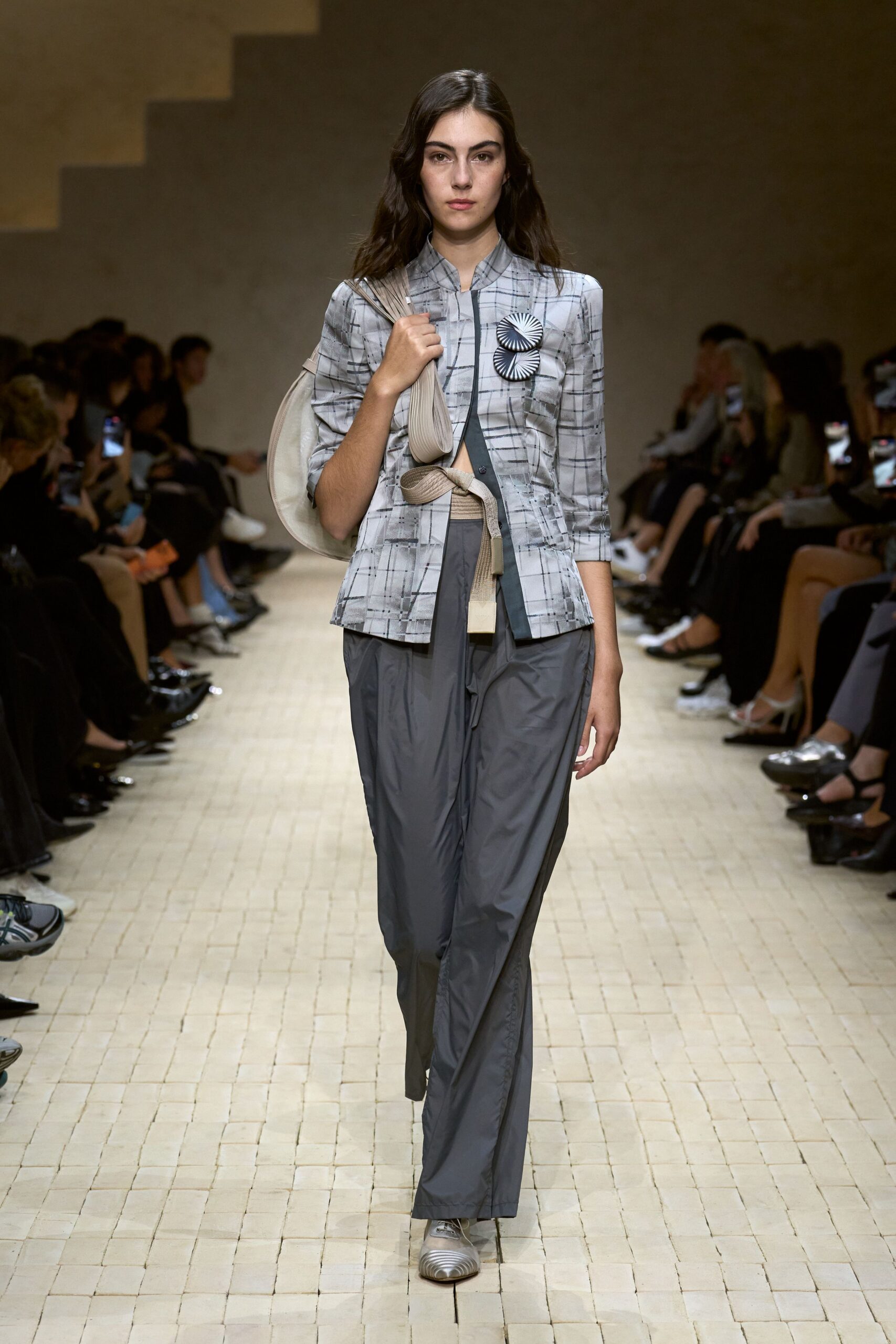 gray tailored blazer with relaxed pants
