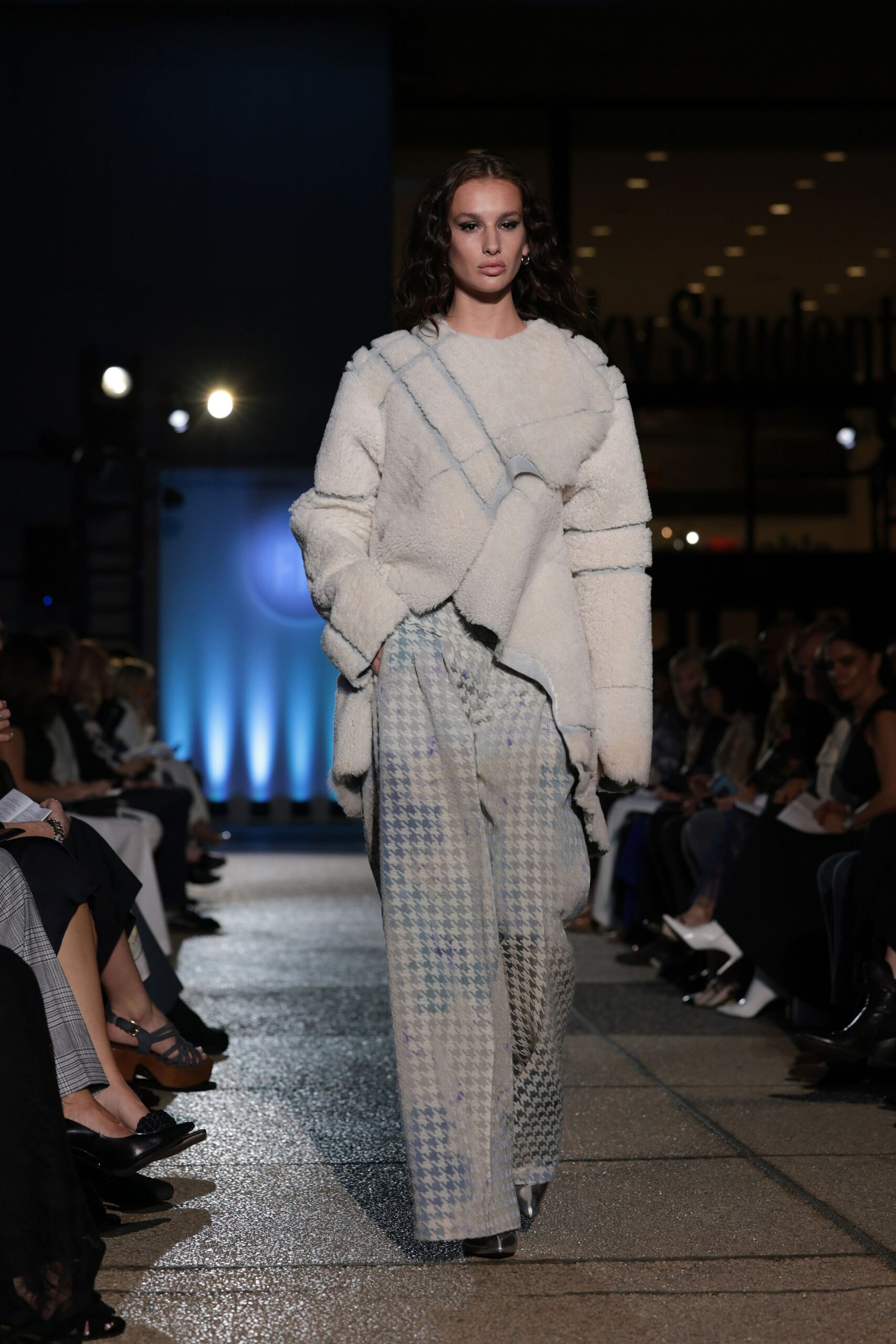 white wool relaxed coat with blue checked pants