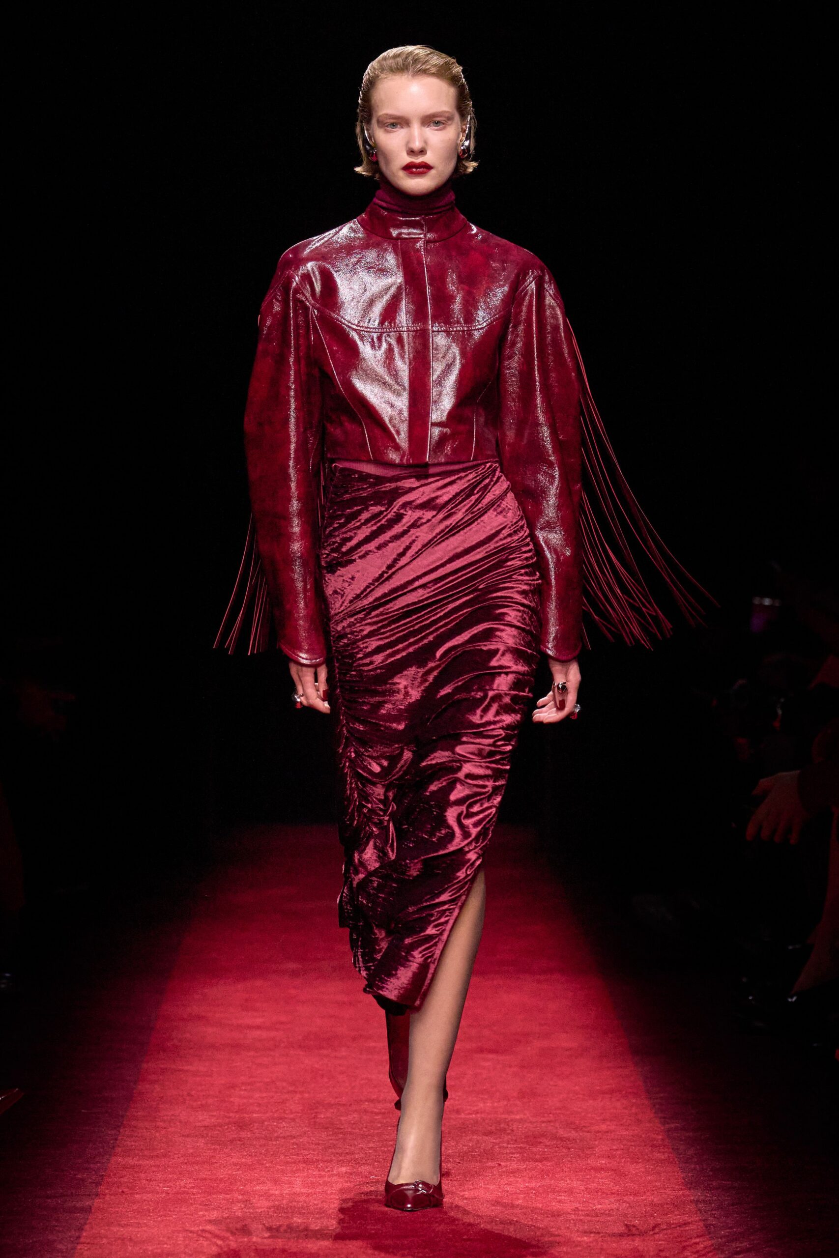 red silk fitted ruched midi skirt