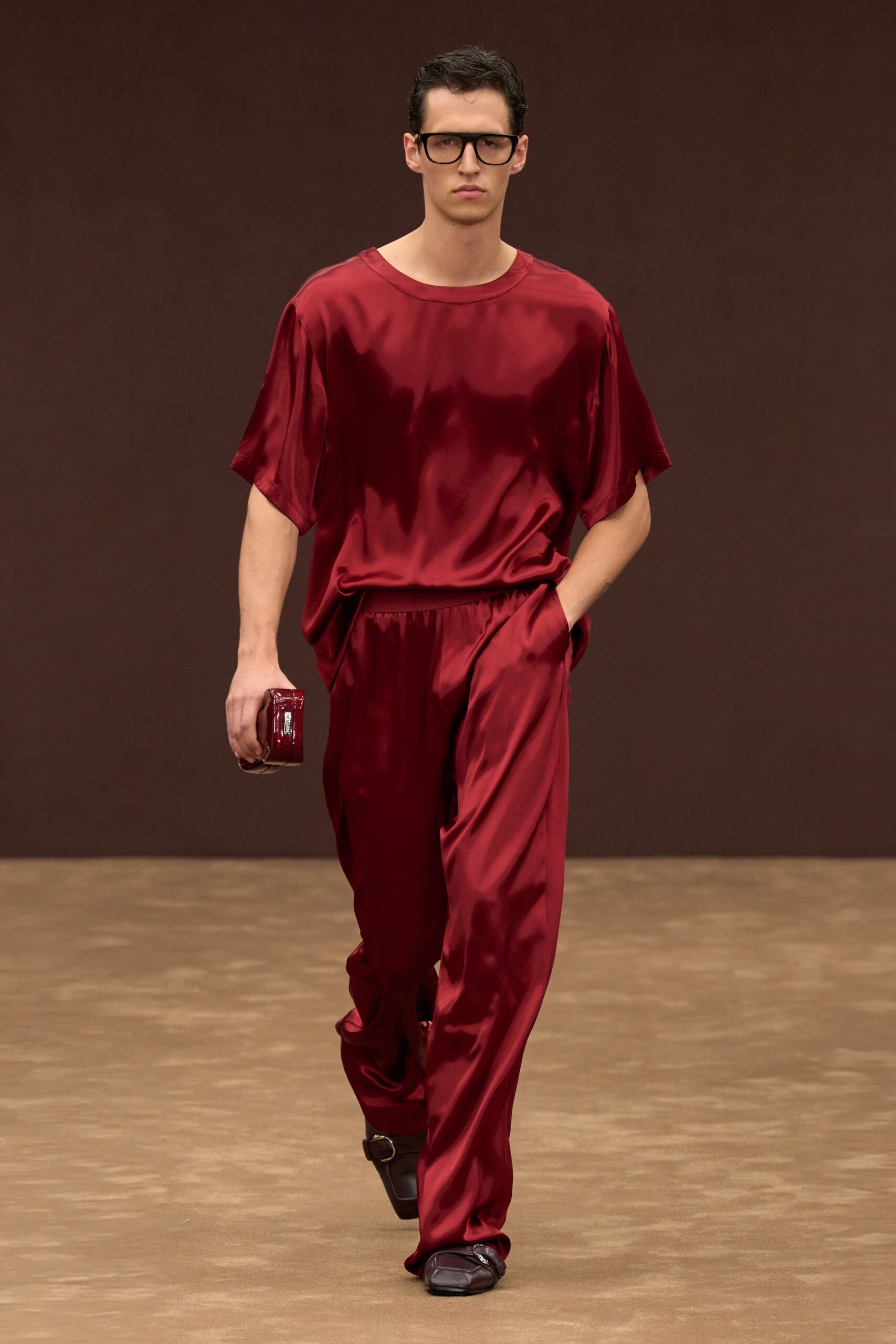 red satin short-sleeve collared relaxed shiny top