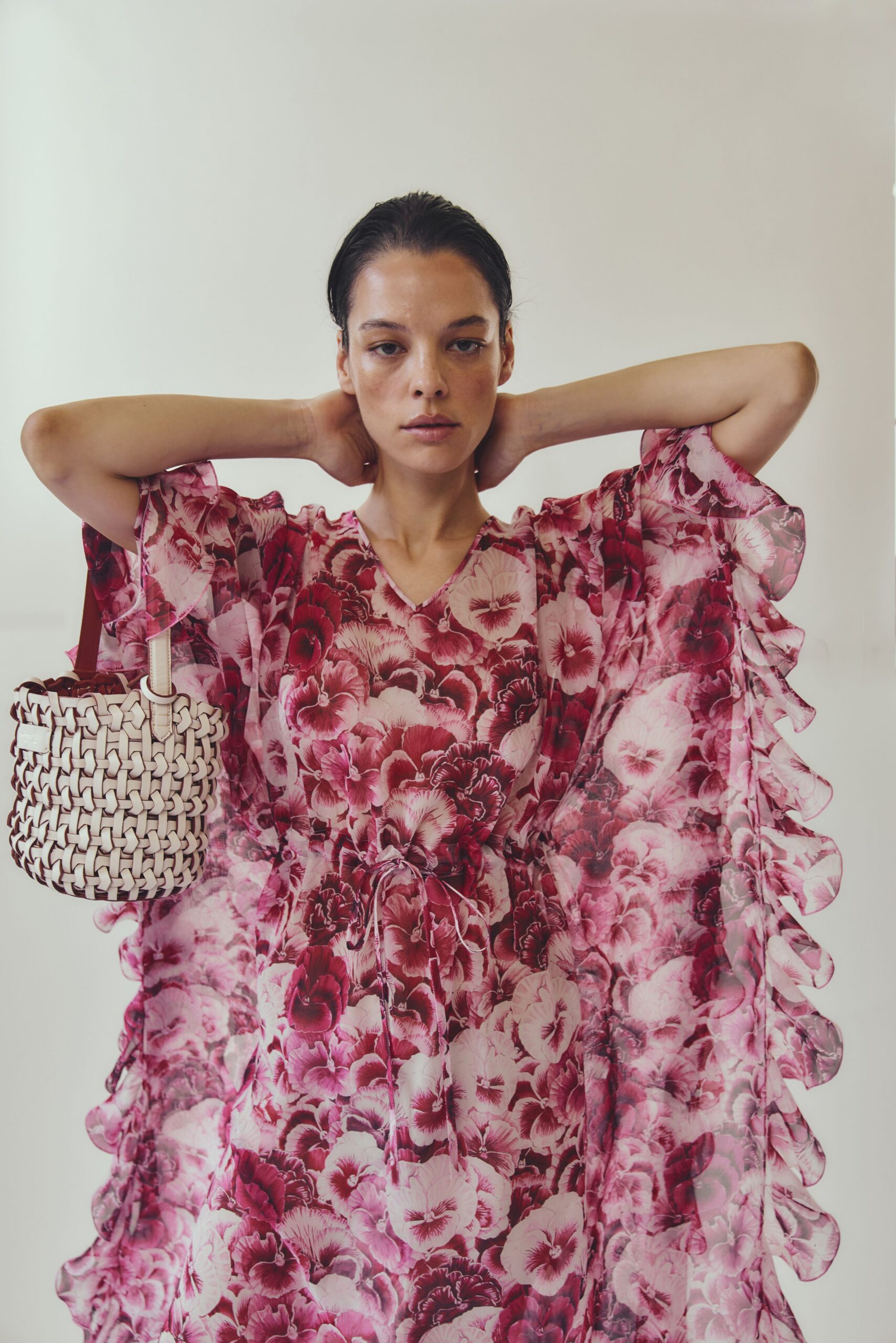 floral maxi dress with woven bag