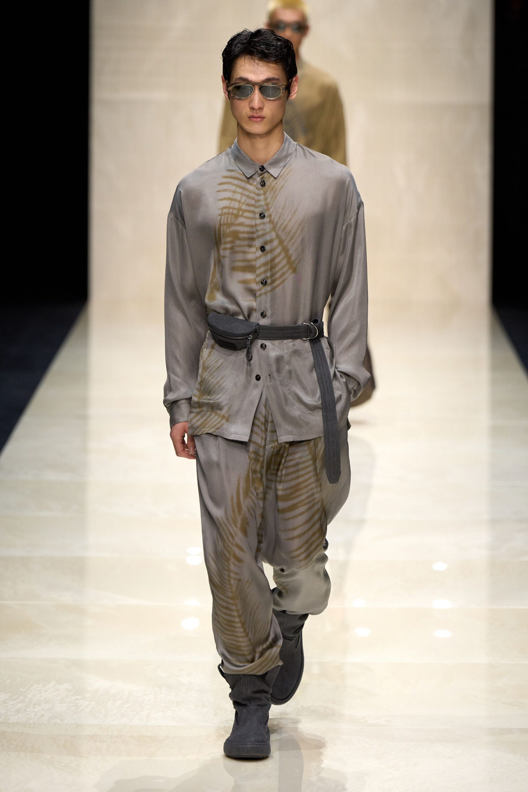 gray silk long-sleeve collared relaxed printed shirt