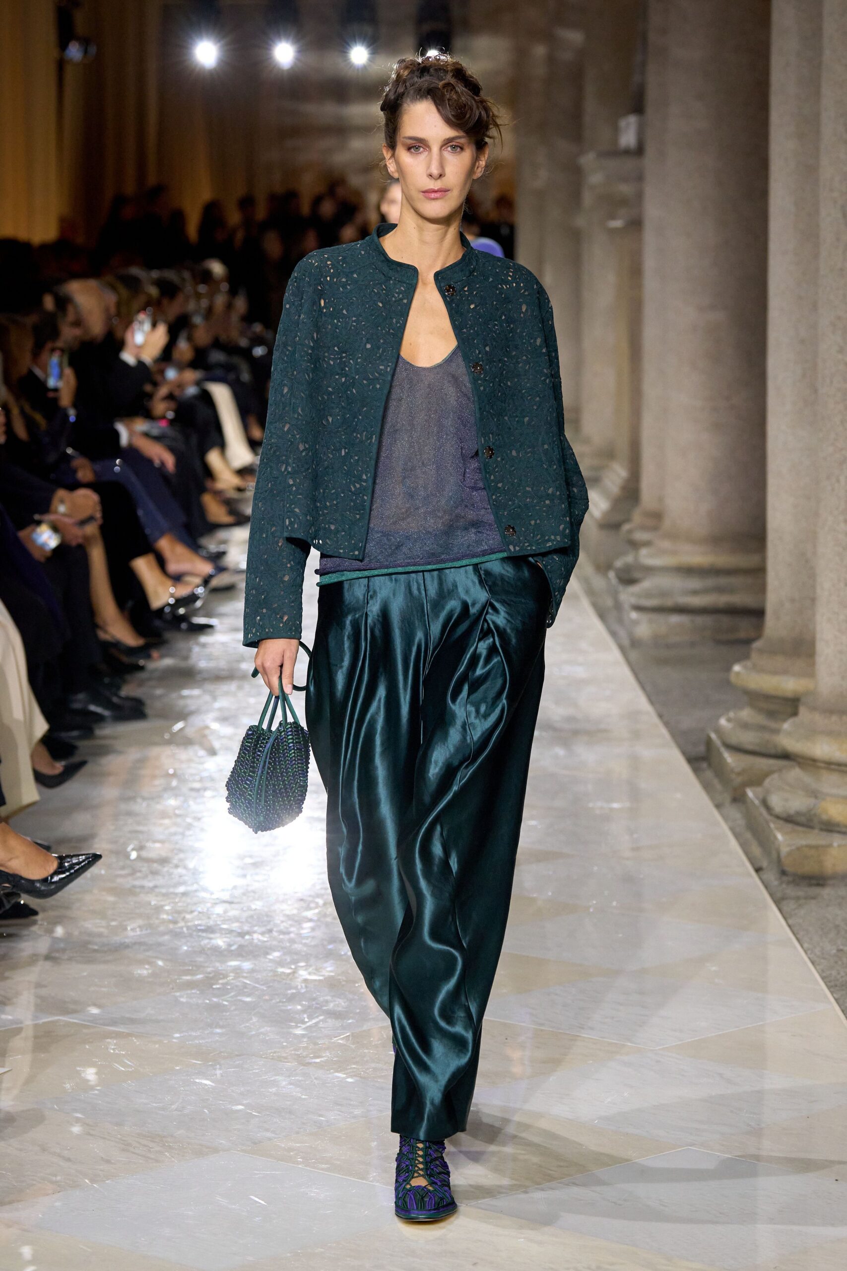 teal silk long-sleeve collared structured buttoned jacket
