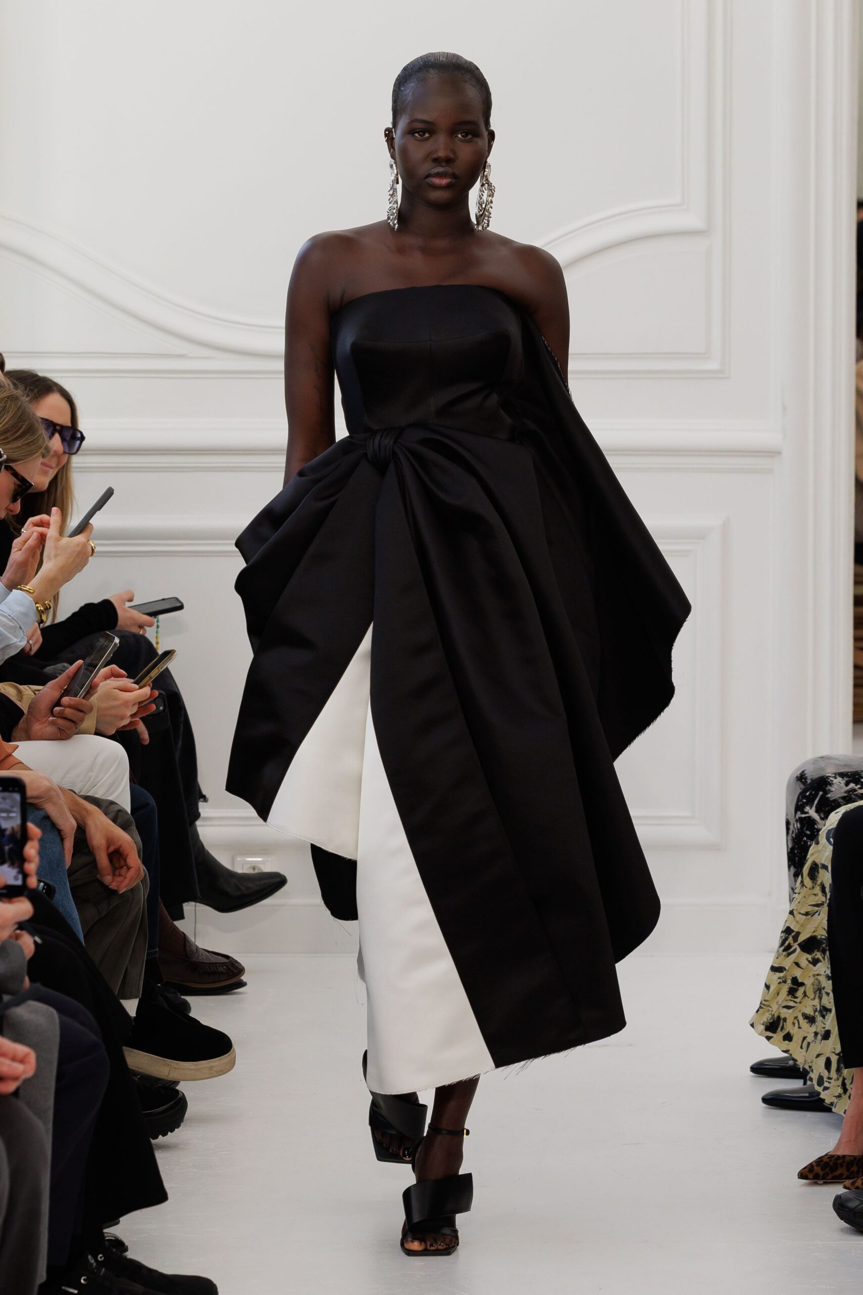 black silk strapless asymmetric fitted draped maxi gown
