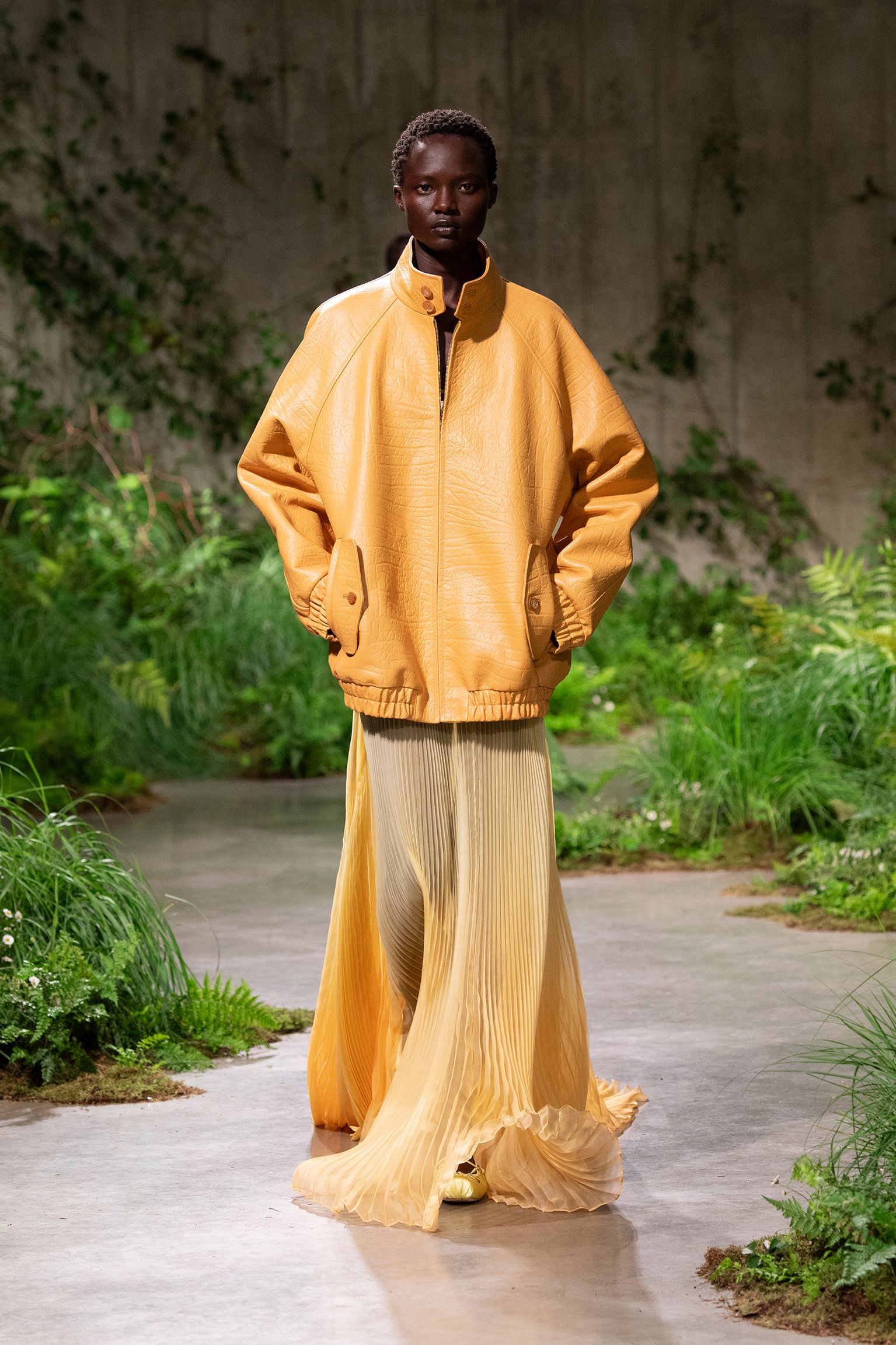 yellow leather long-sleeve collared oversized zippered jacket