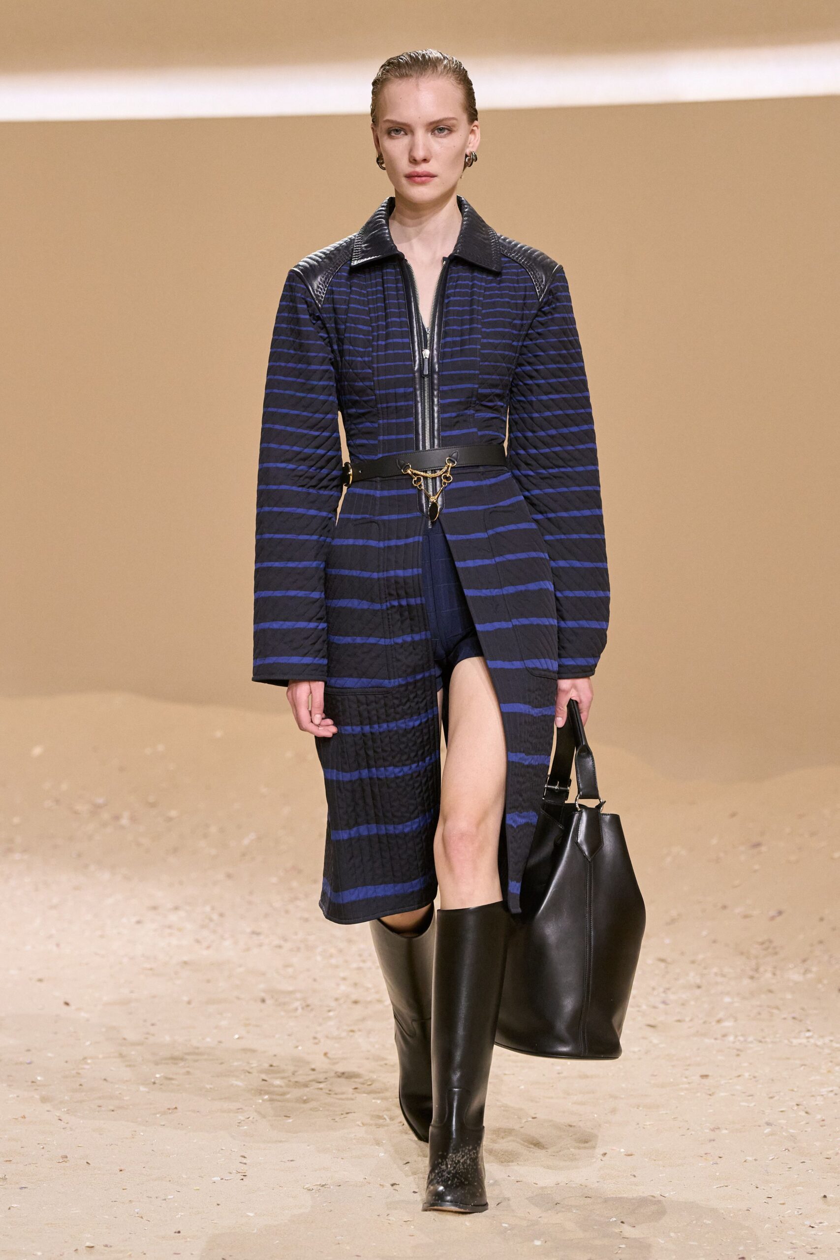 blue cotton long-sleeve v-neck fitted zippered striped dress