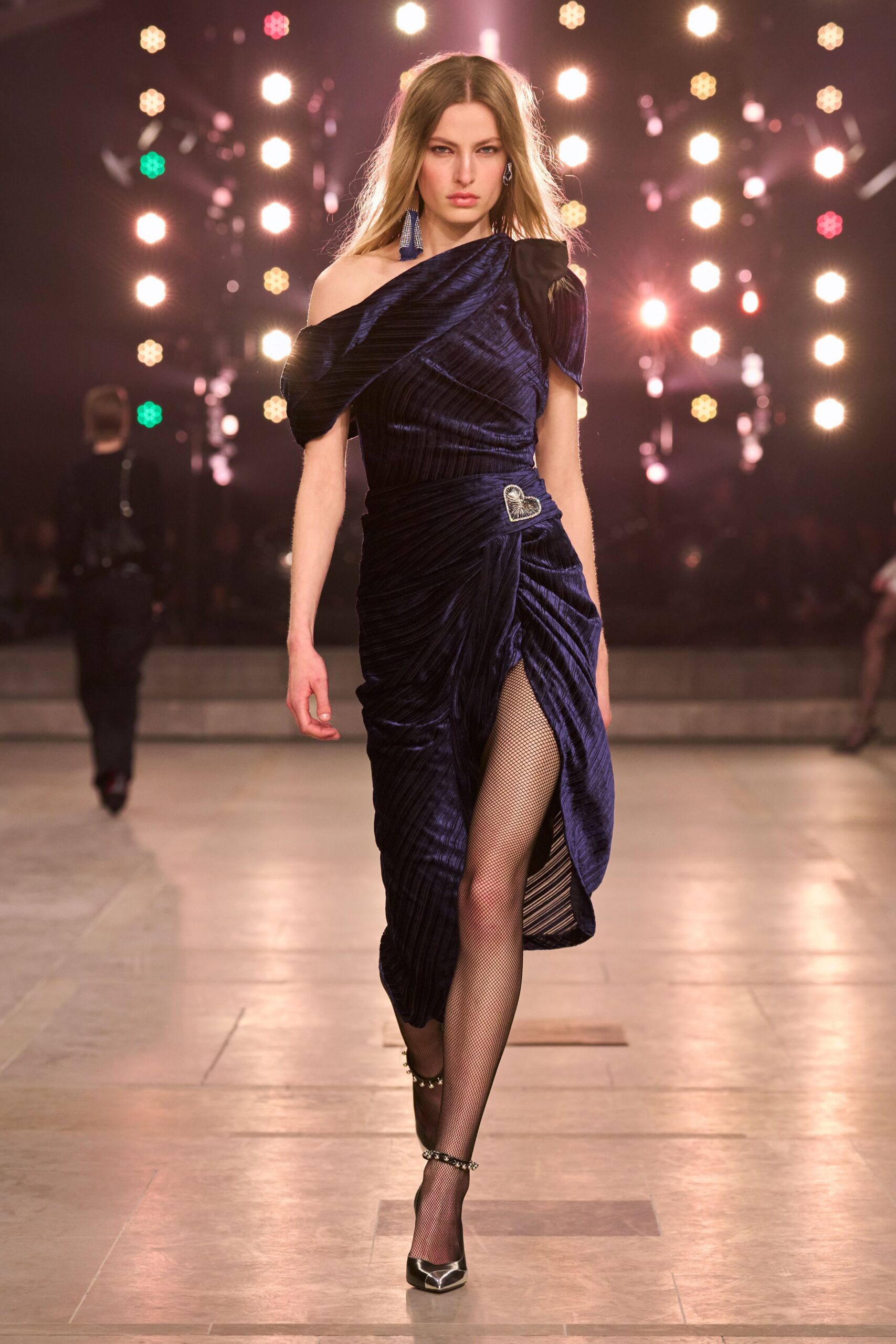 blue velvet off-shoulder slit fitted ruched shiny dress