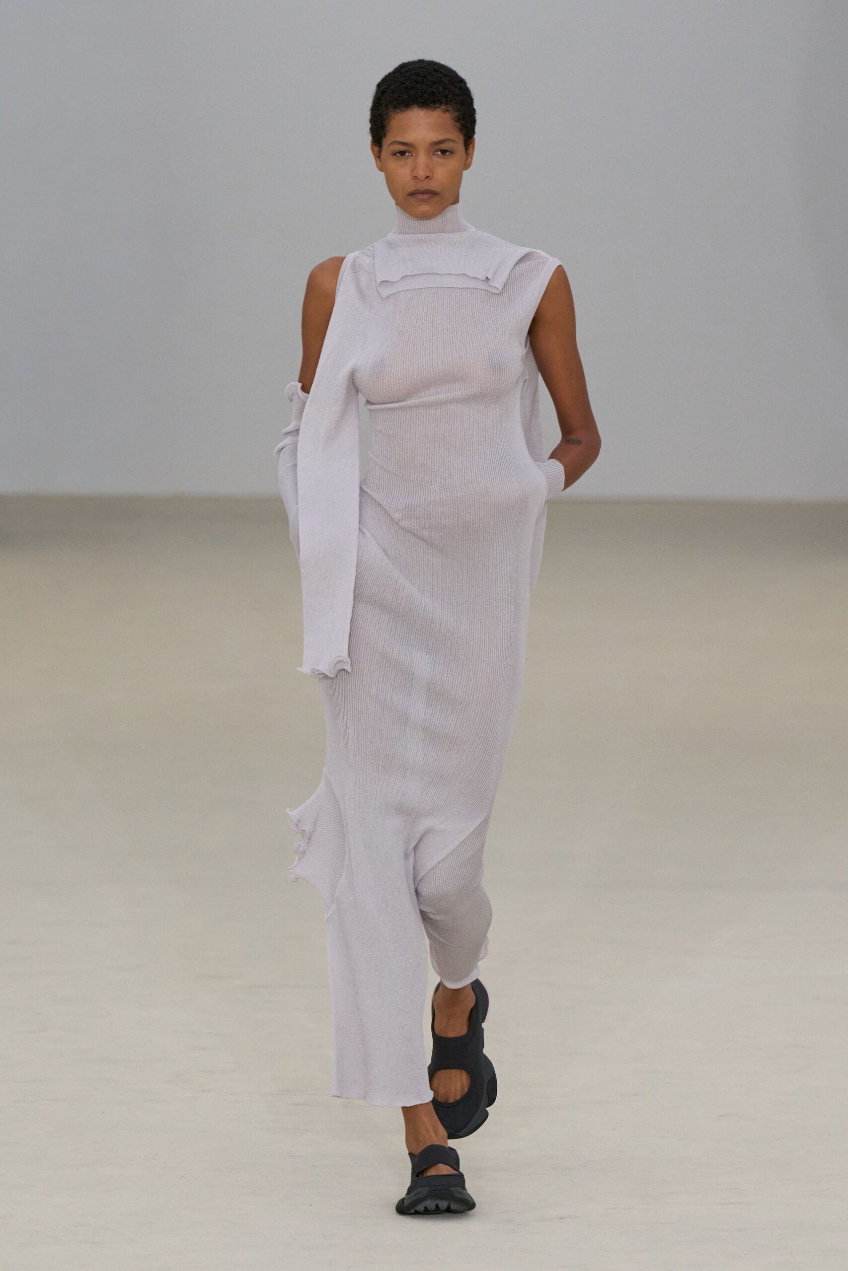 white cotton sleeveless high-neck fitted draped maxi dress