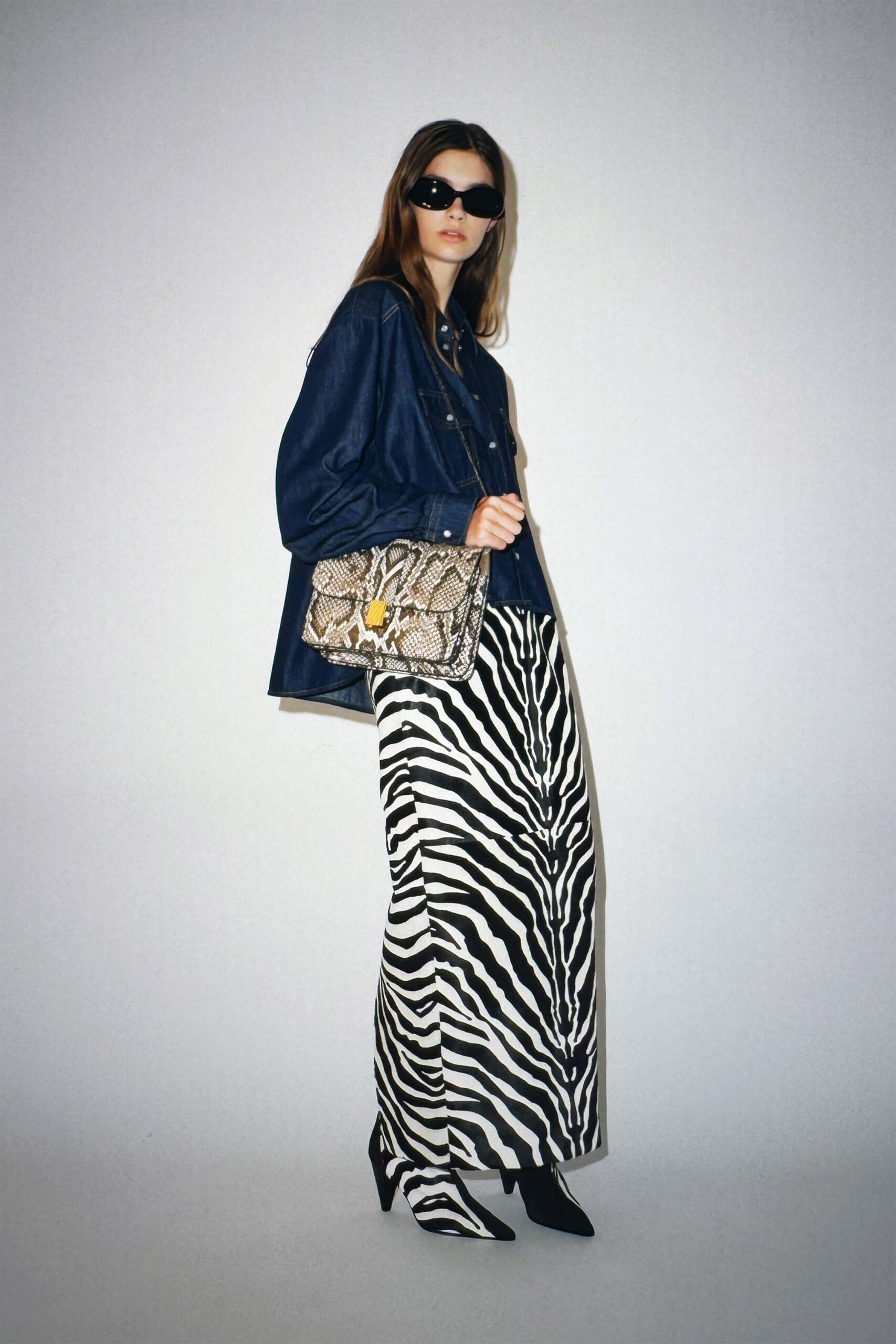 blue denim oversized jacket with zebra print skirt