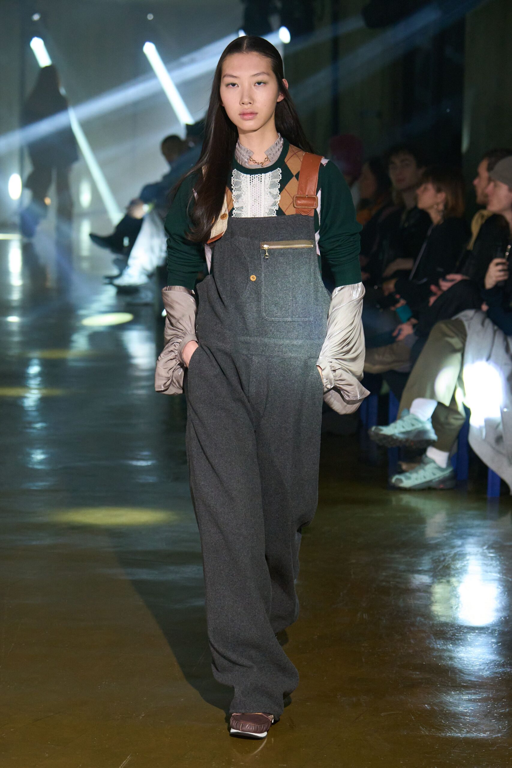 gray wool overalls with green shirt