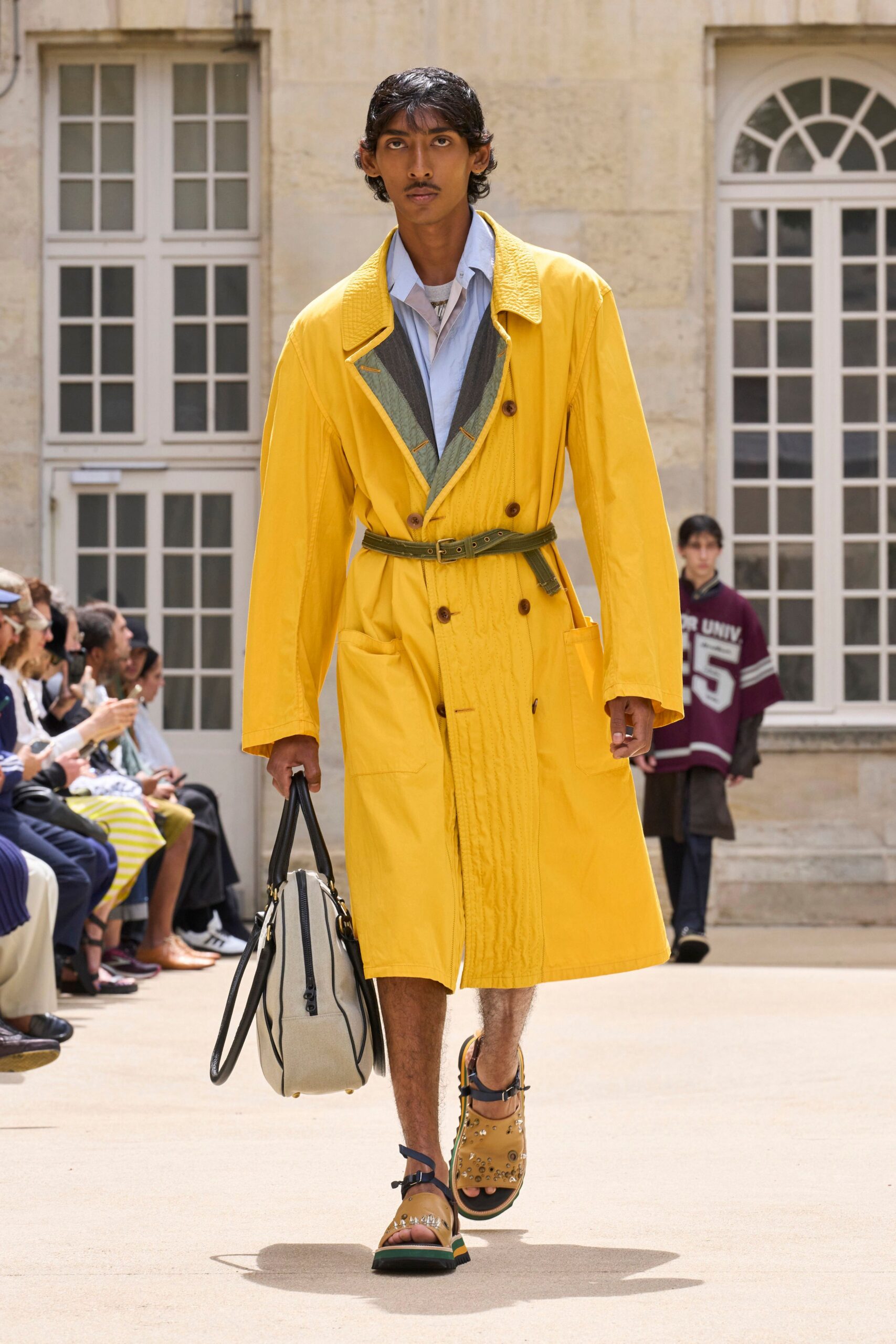 yellow cotton long-sleeve collared relaxed zippered belted trench