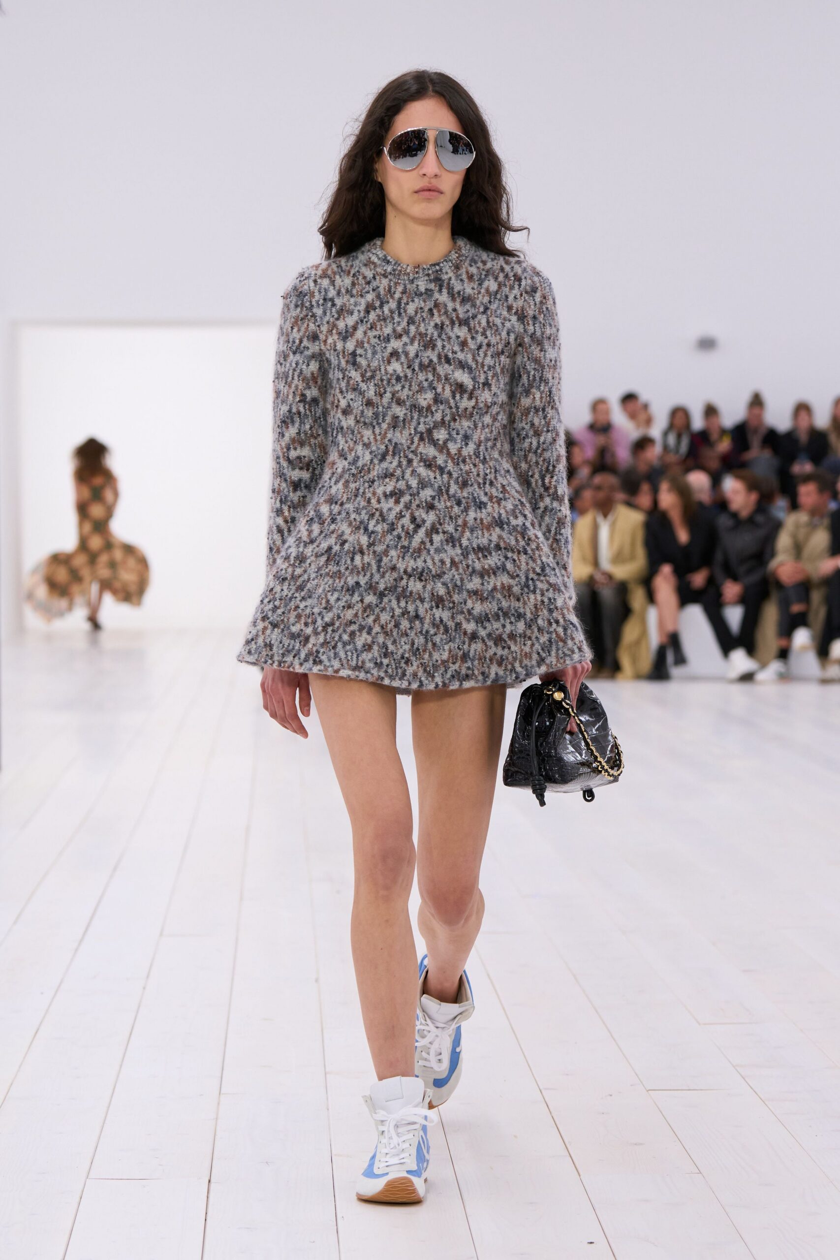 gray wool long-sleeve collared fitted pleated mini dress