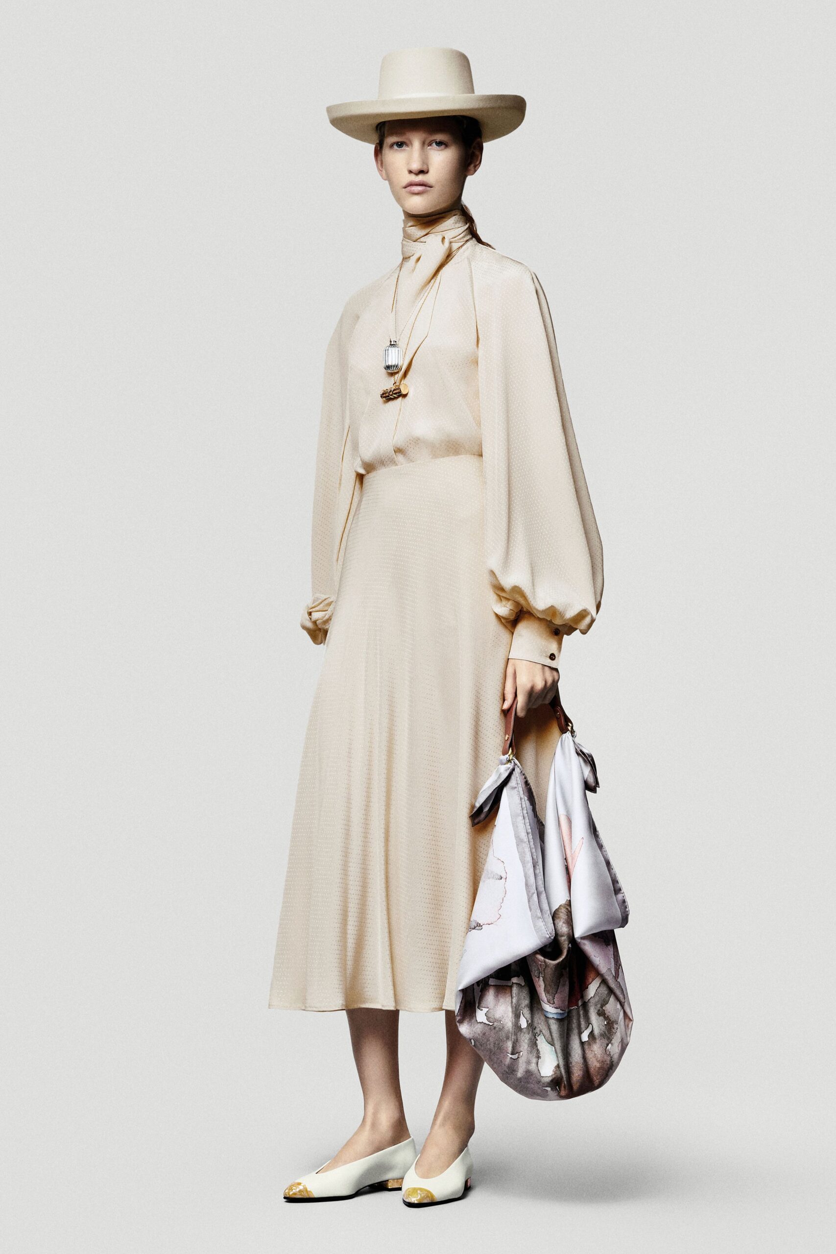 beige silk long-sleeve high-neck fitted pleated midi dress