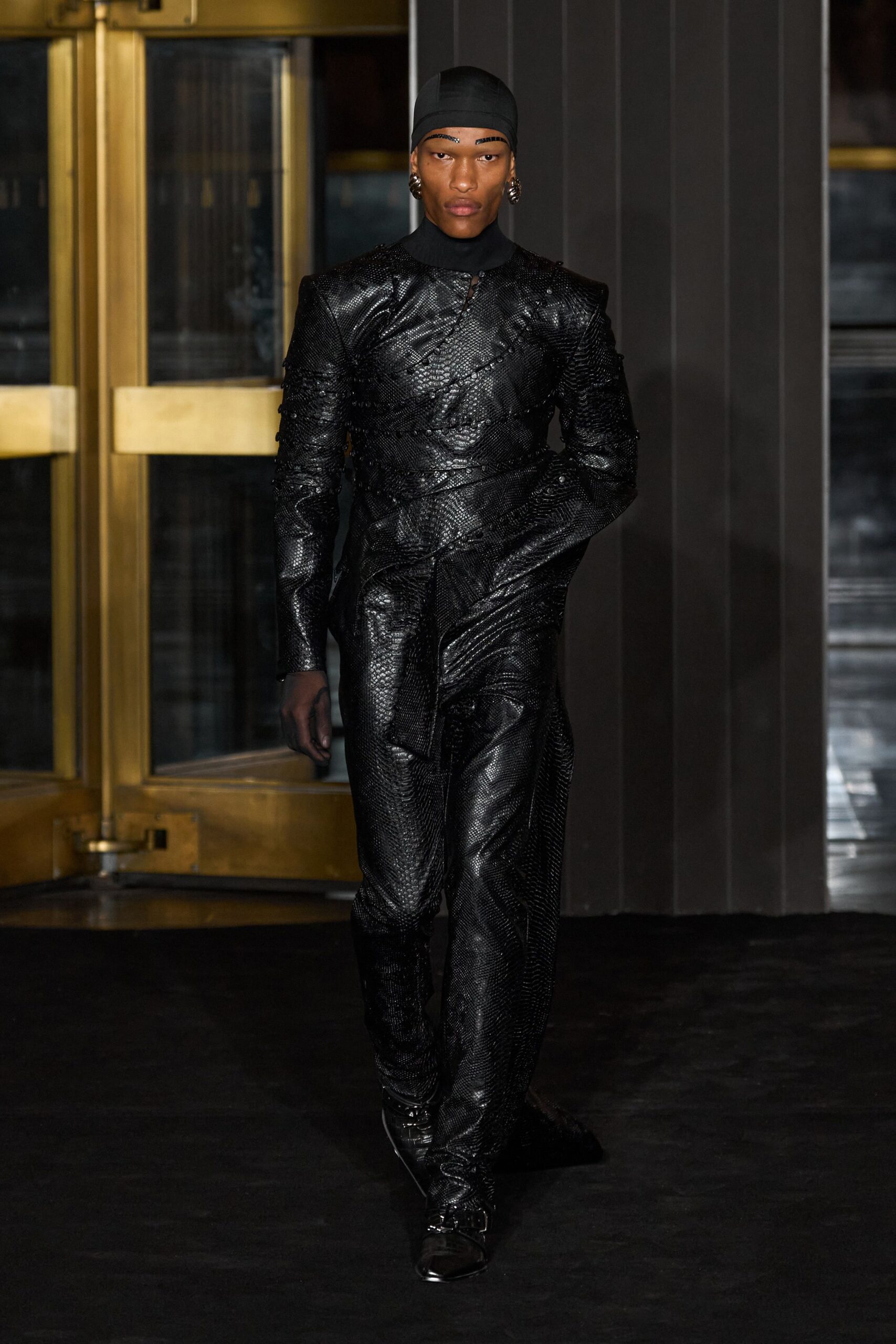 black leather long-sleeve high-neck fitted embellished shiny jumpsuit
