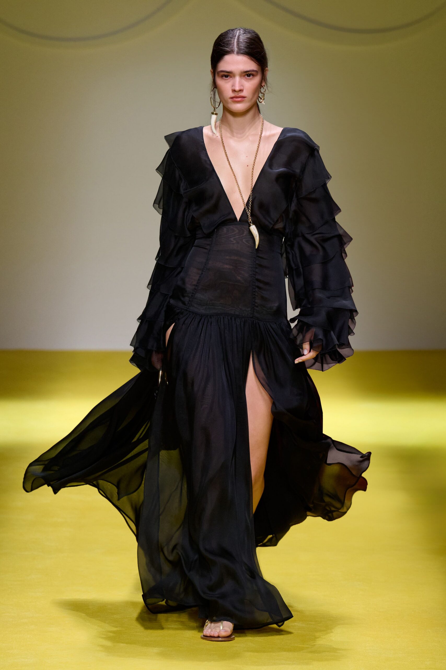 black silk ruffled maxi dress