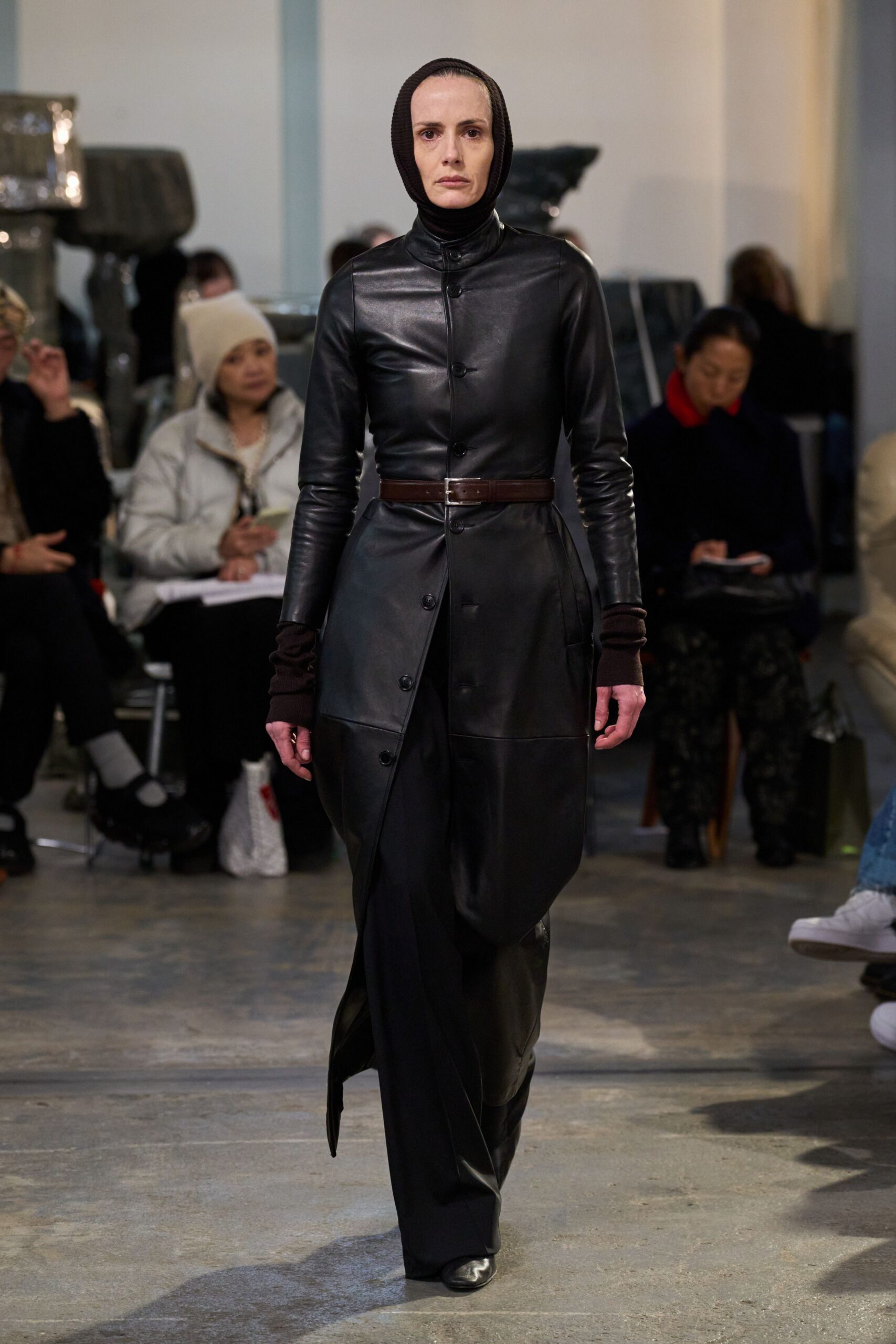 black leather long-sleeve collared fitted buttoned belted dress