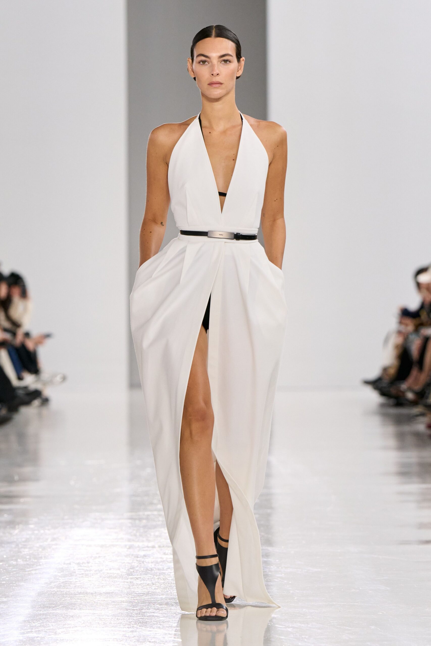 white silk sleeveless v-neck fitted draped pockets gown