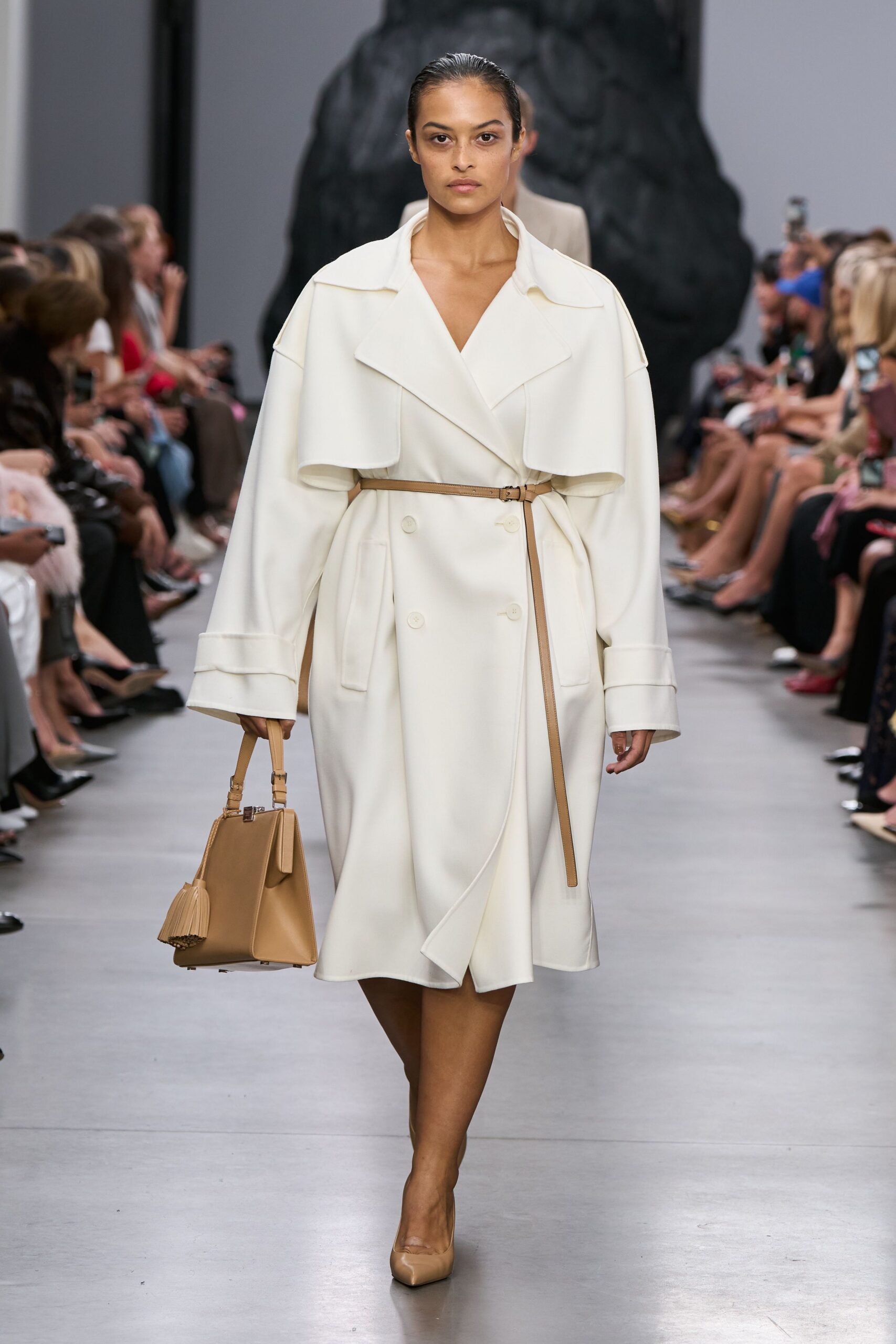 white wool long-sleeve collared relaxed belted midi coat