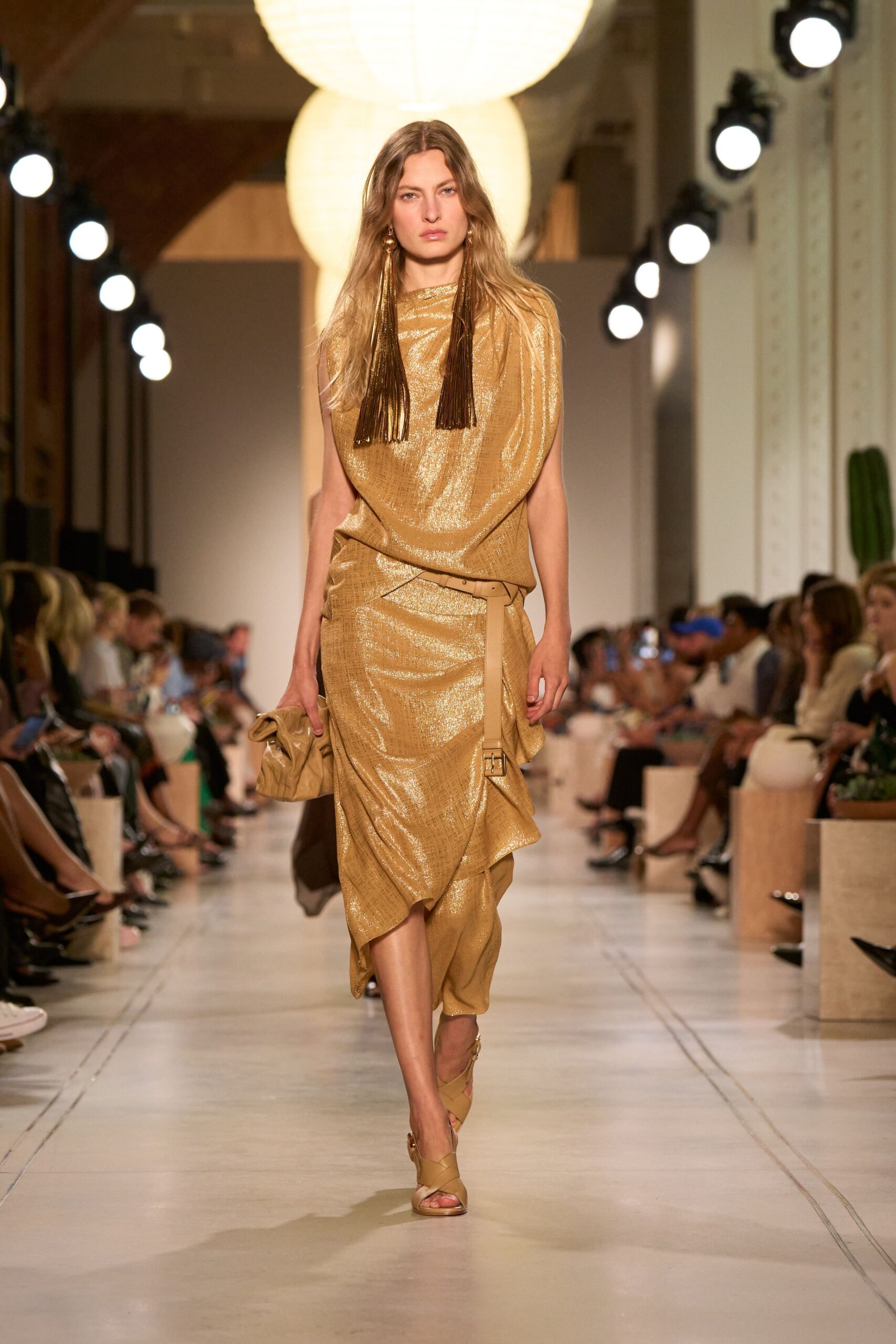 gold silk sleeveless high-neck fitted draped layered dress