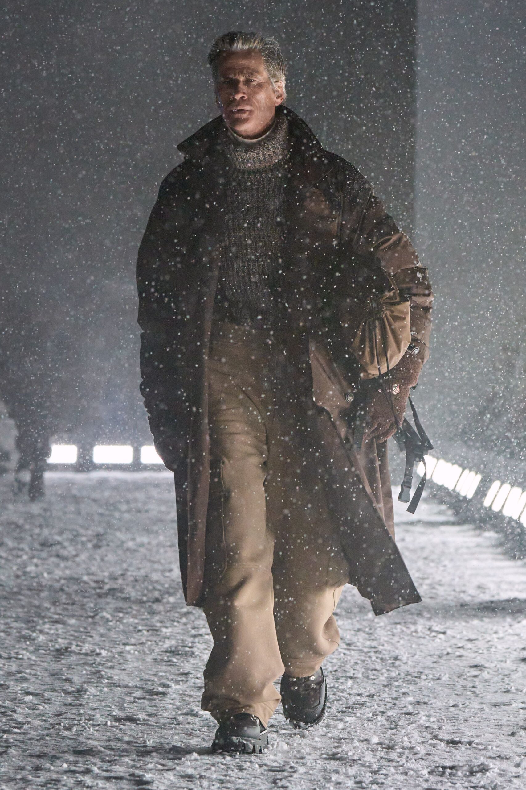 brown wool coat gray sweater beige pants