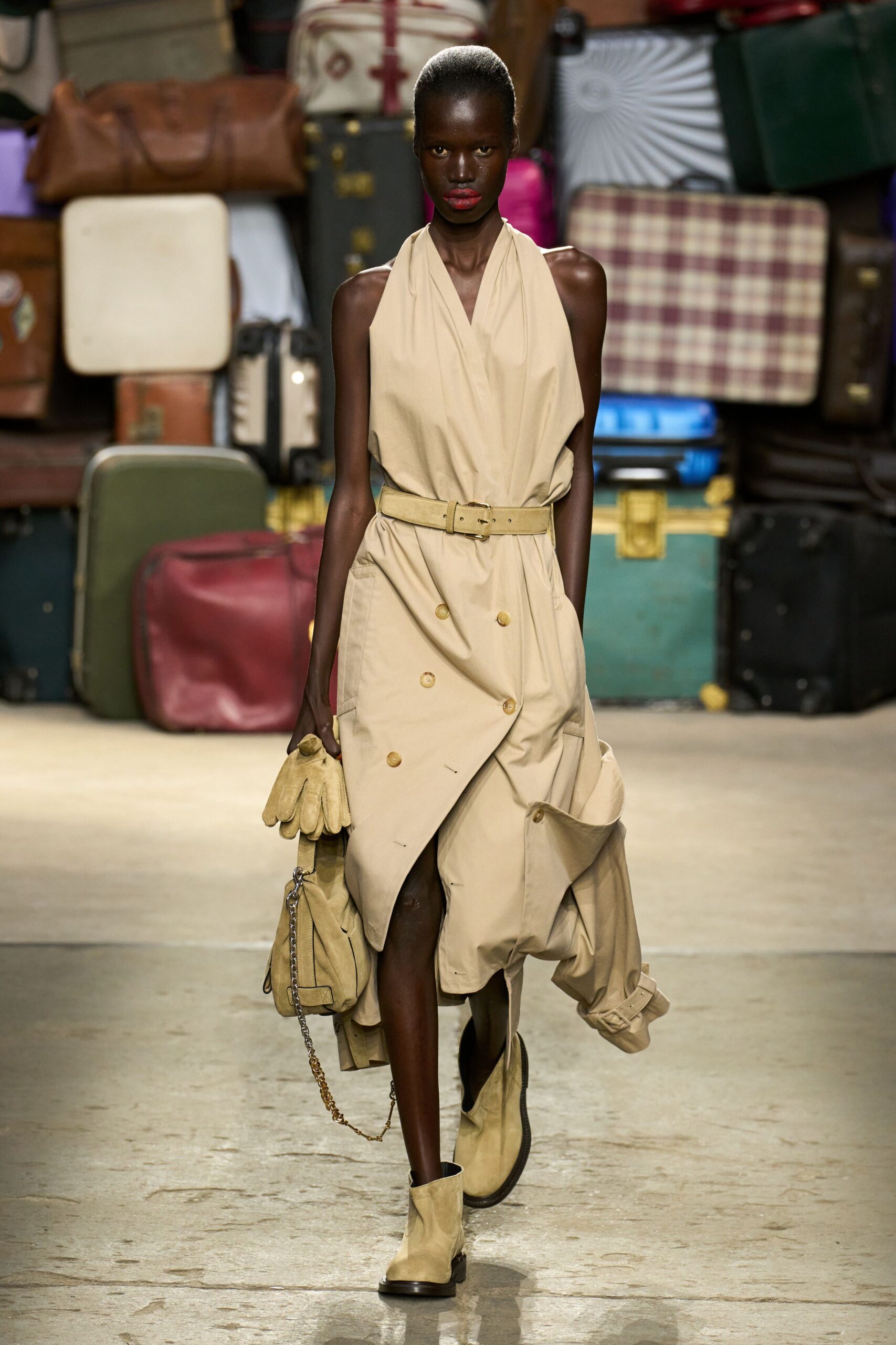 beige cotton sleeveless collared fitted belted draped dress
