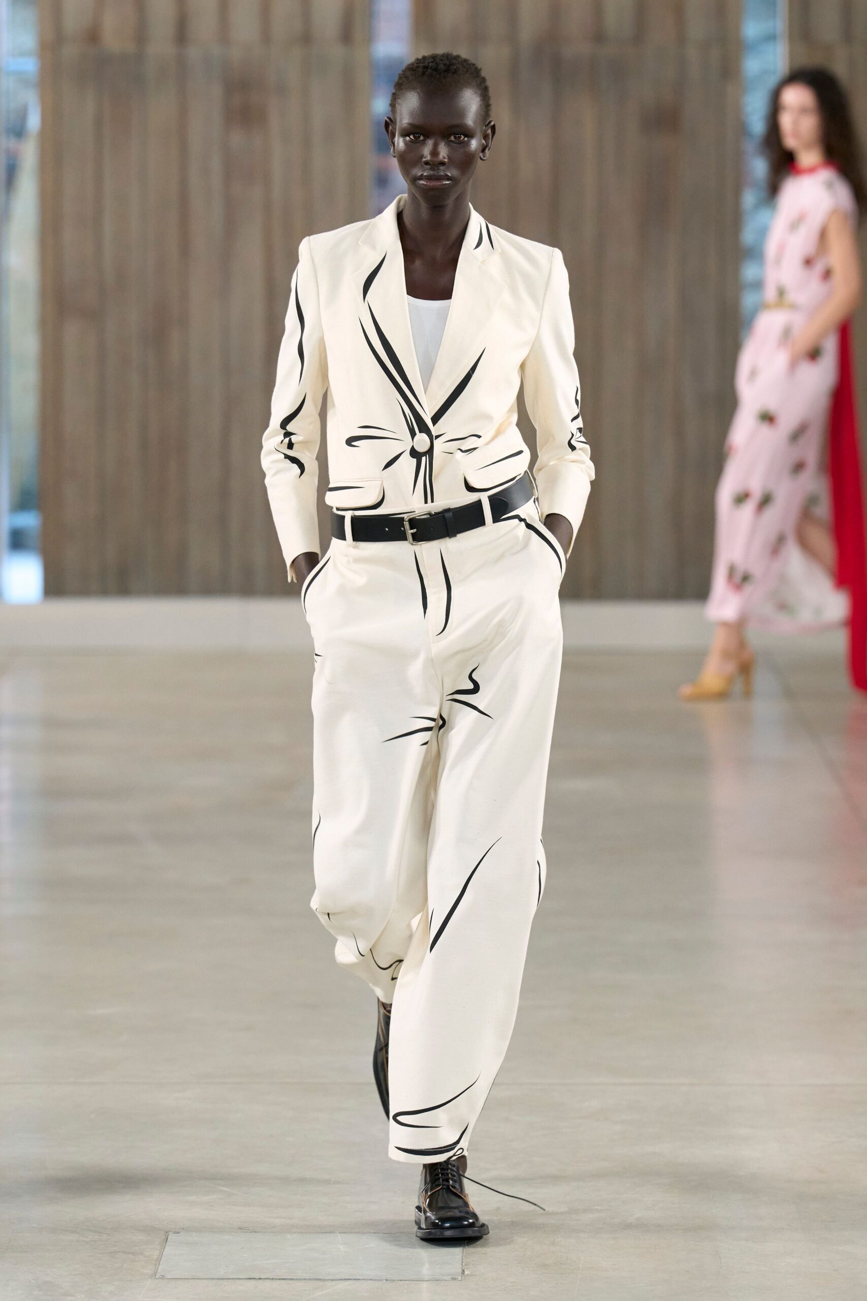 white cotton long-sleeve collared tailored buttoned zippered suit