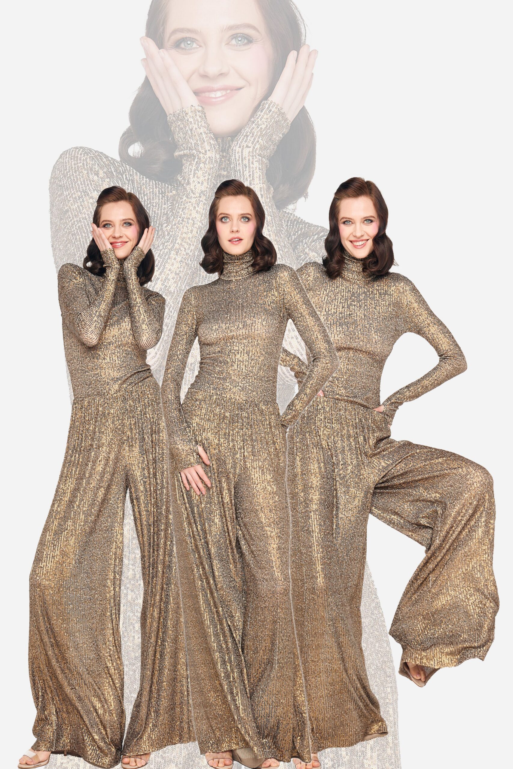 gold metallic long-sleeve high-neck fitted wide-leg shiny jumpsuit