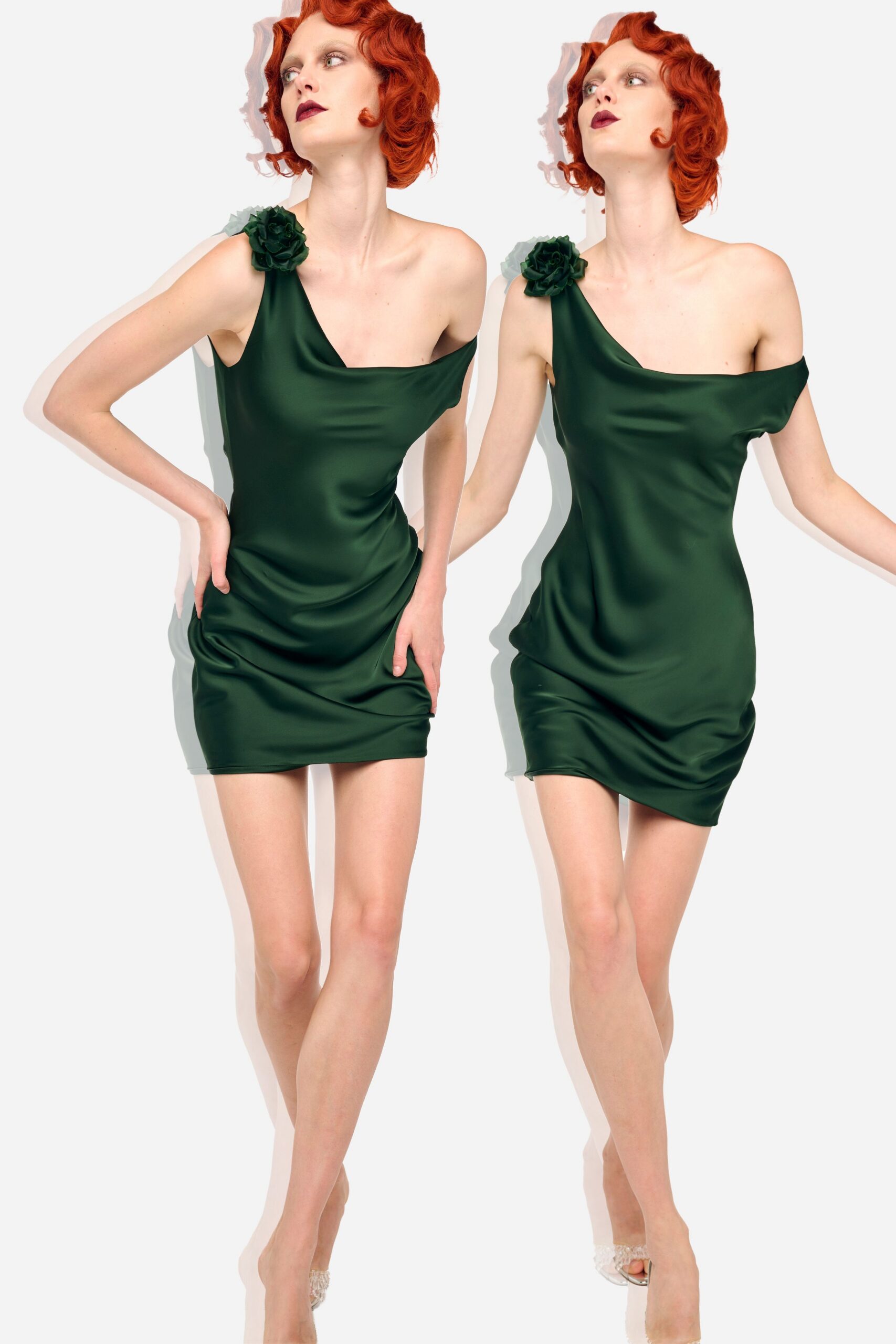fitted green satin mini dress
