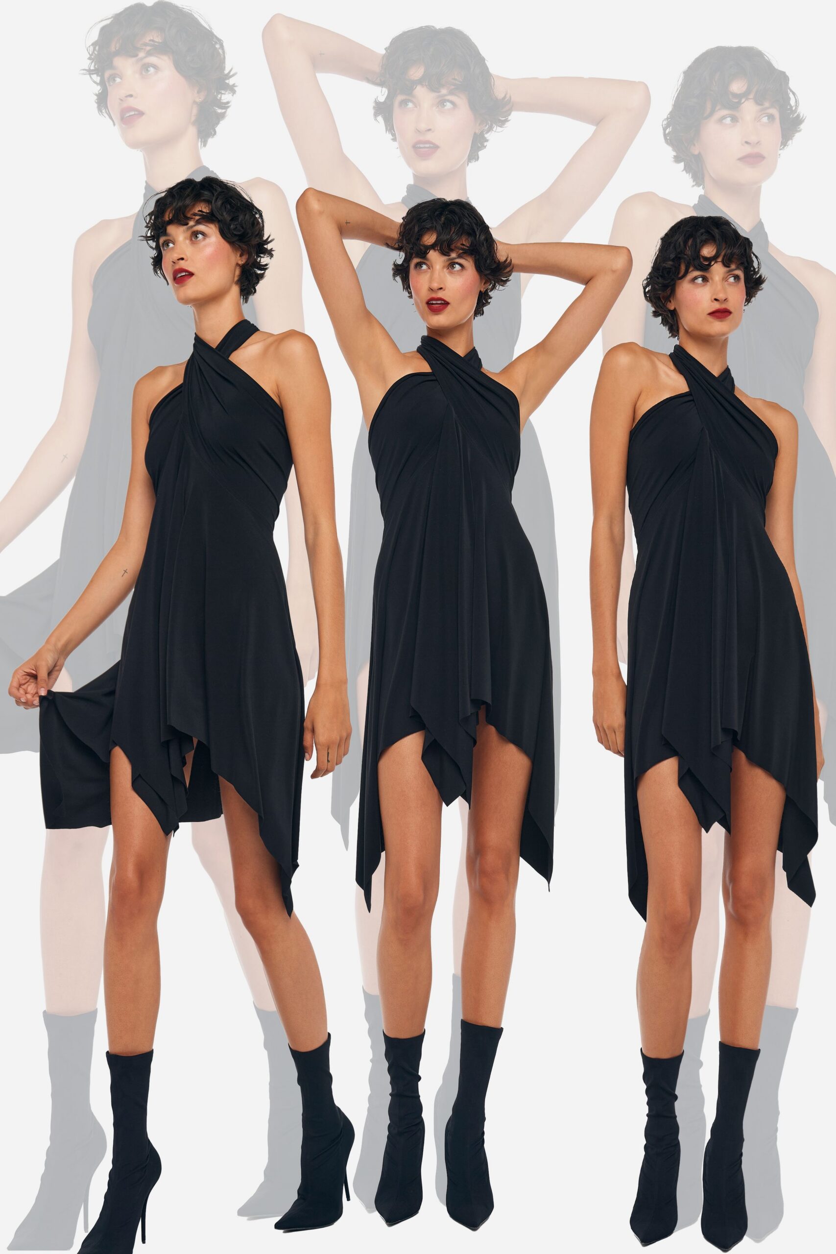 black cotton sleeveless halter fitted draped mini dress