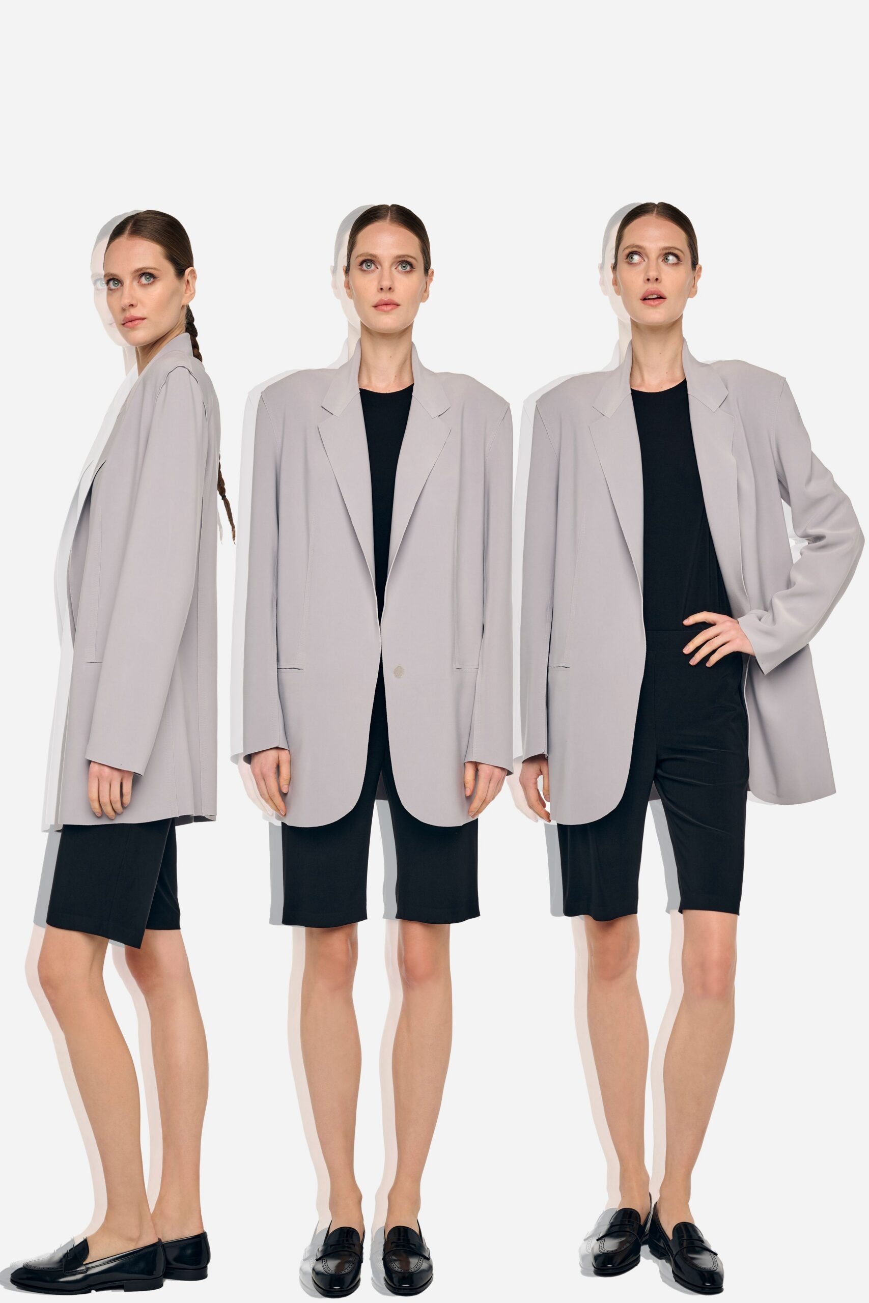 gray oversized blazer with black t-shirt and shorts