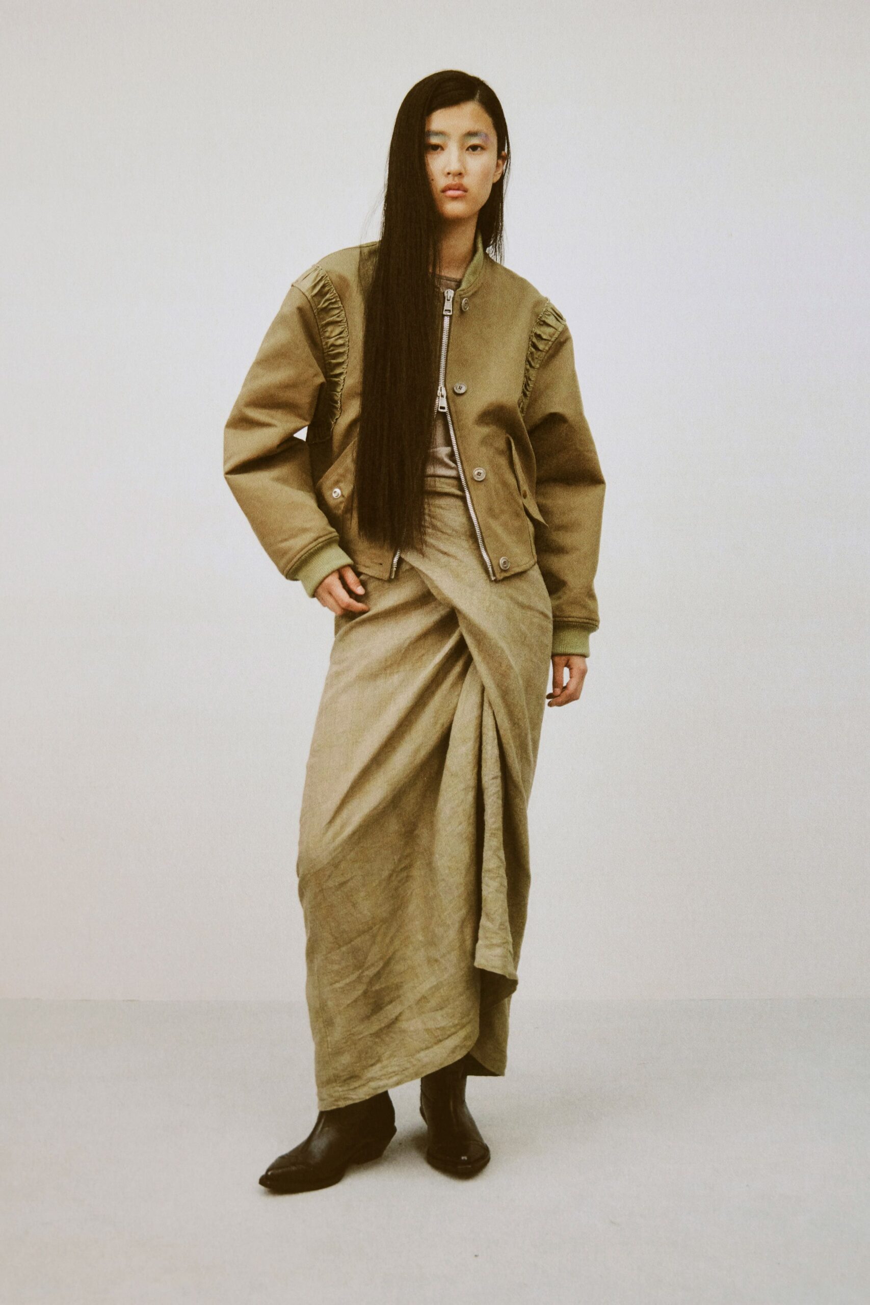 beige cotton wrap fitted high-waisted maxi skirt