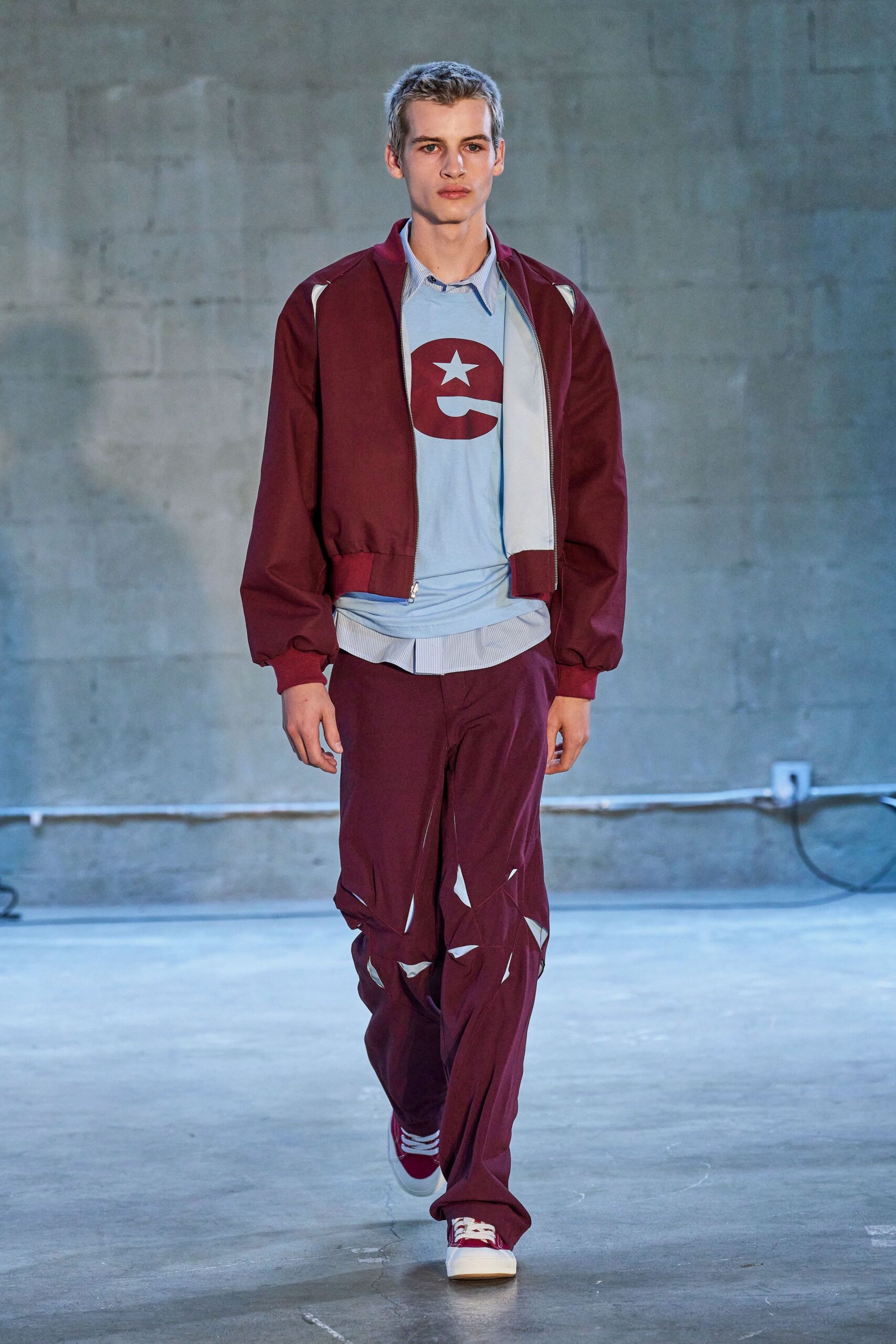 red cotton long-sleeve collared relaxed zippered jacket