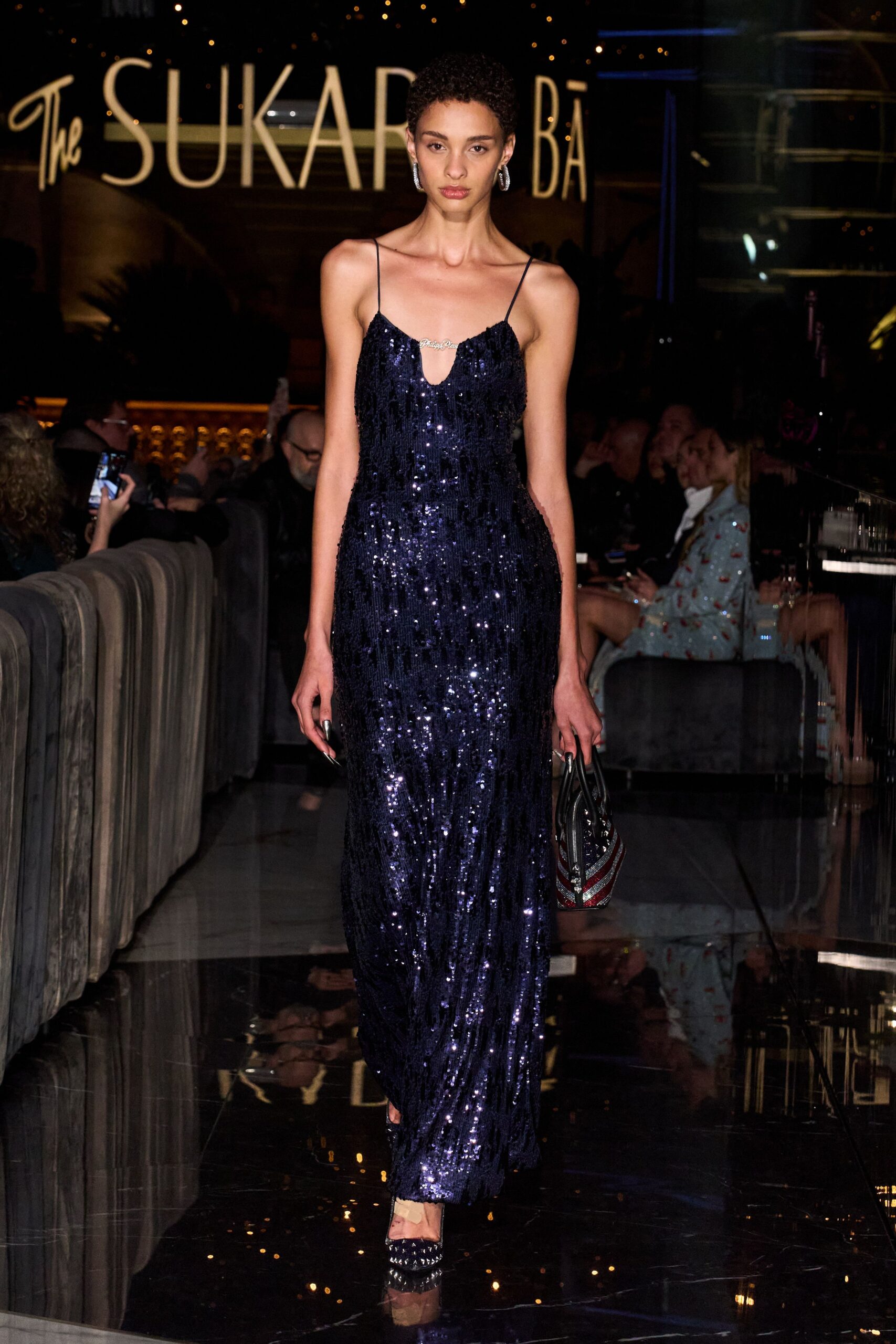 blue sequin sleeveless v-neck fitted layered shiny gown