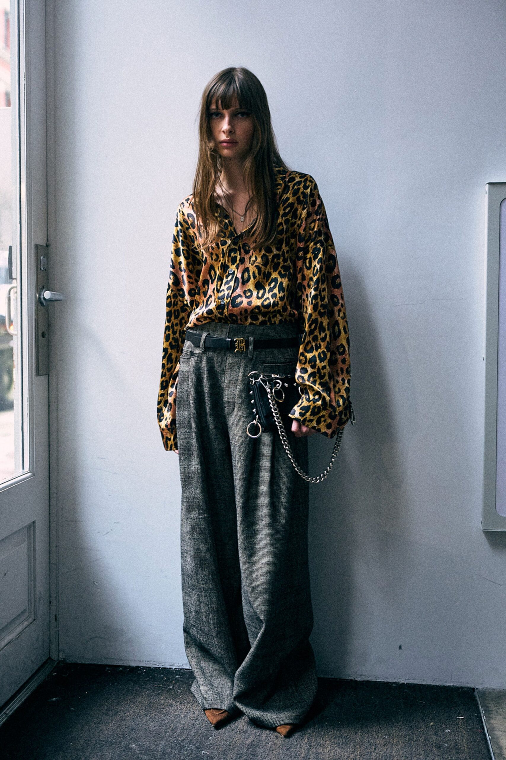 yellow silk long-sleeve collared relaxed animal-print blouse