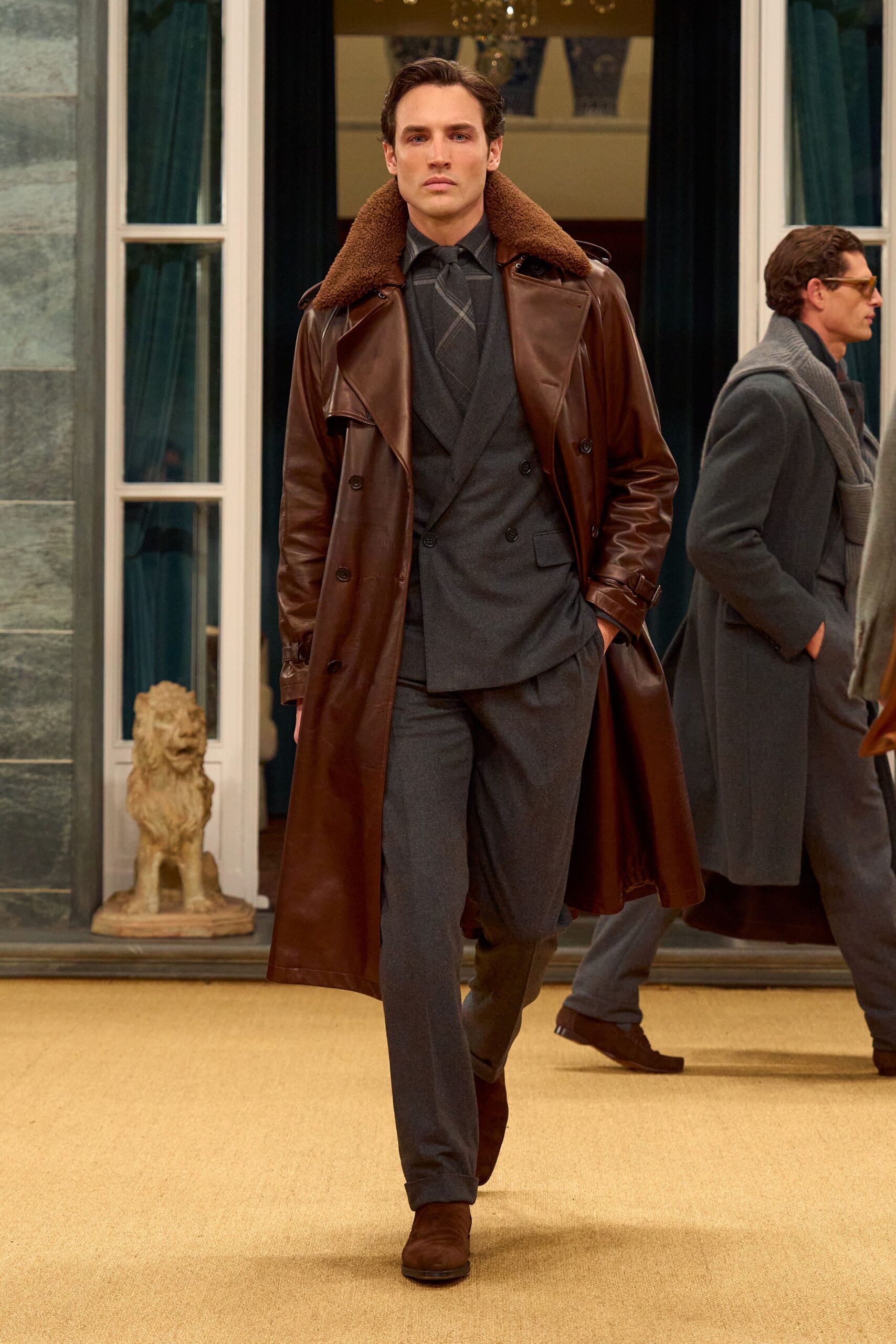 brown leather long-sleeve collared structured coat
