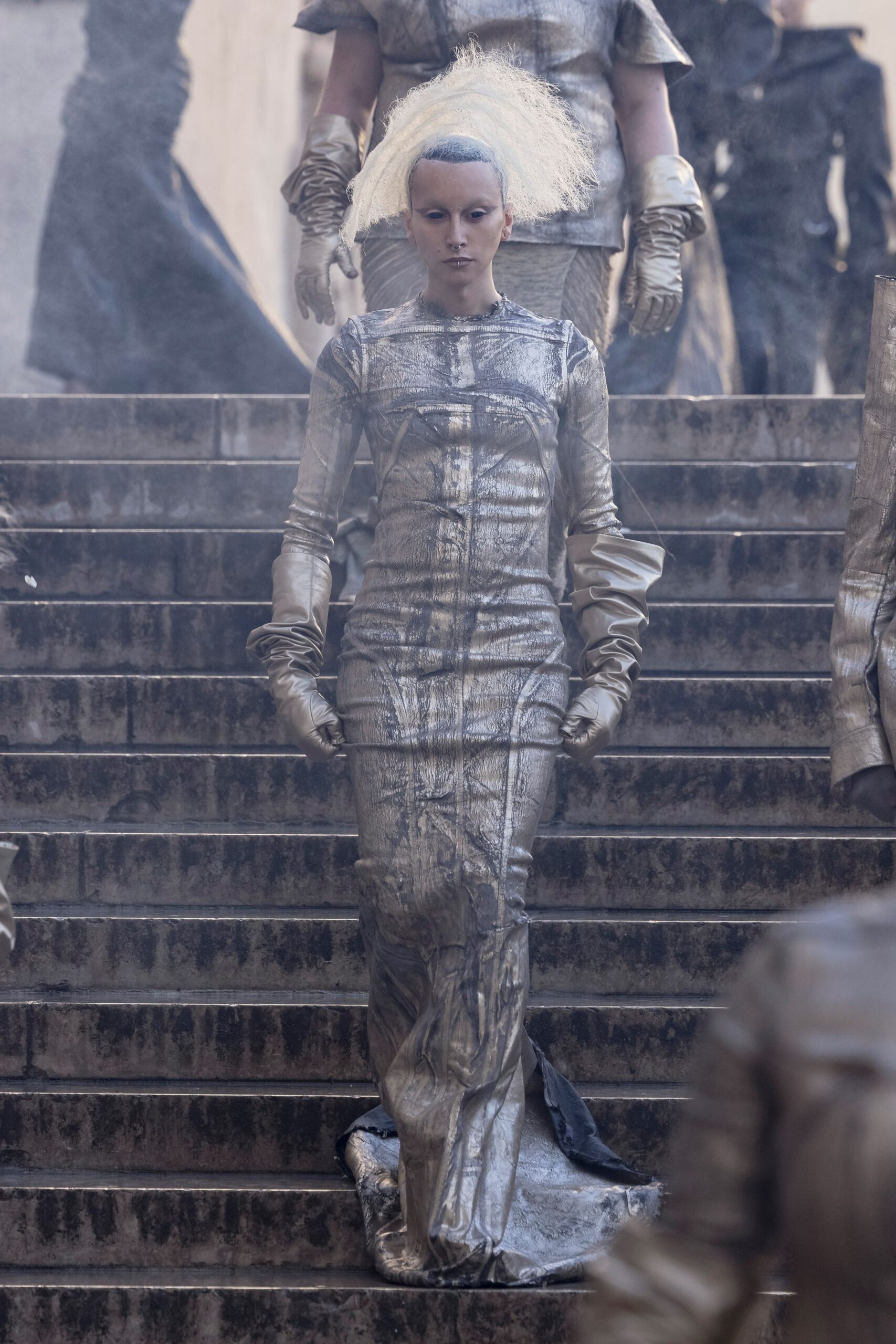 fitted silver metallic gown