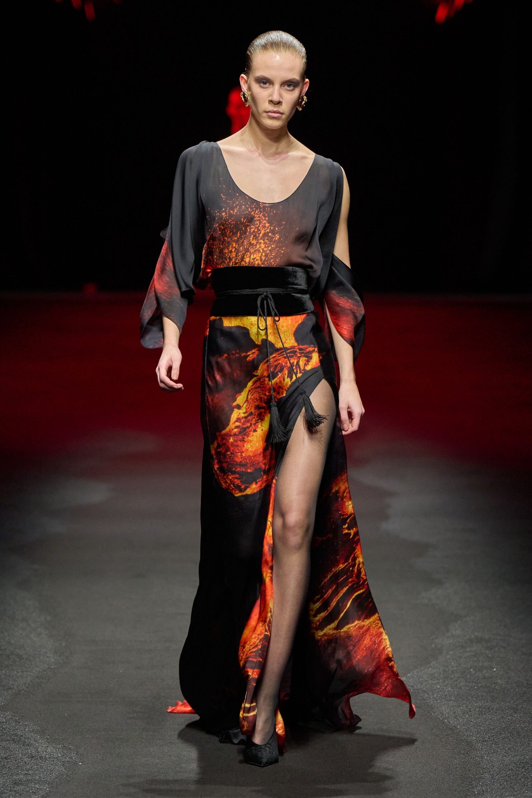 black and orange flowing maxi dress