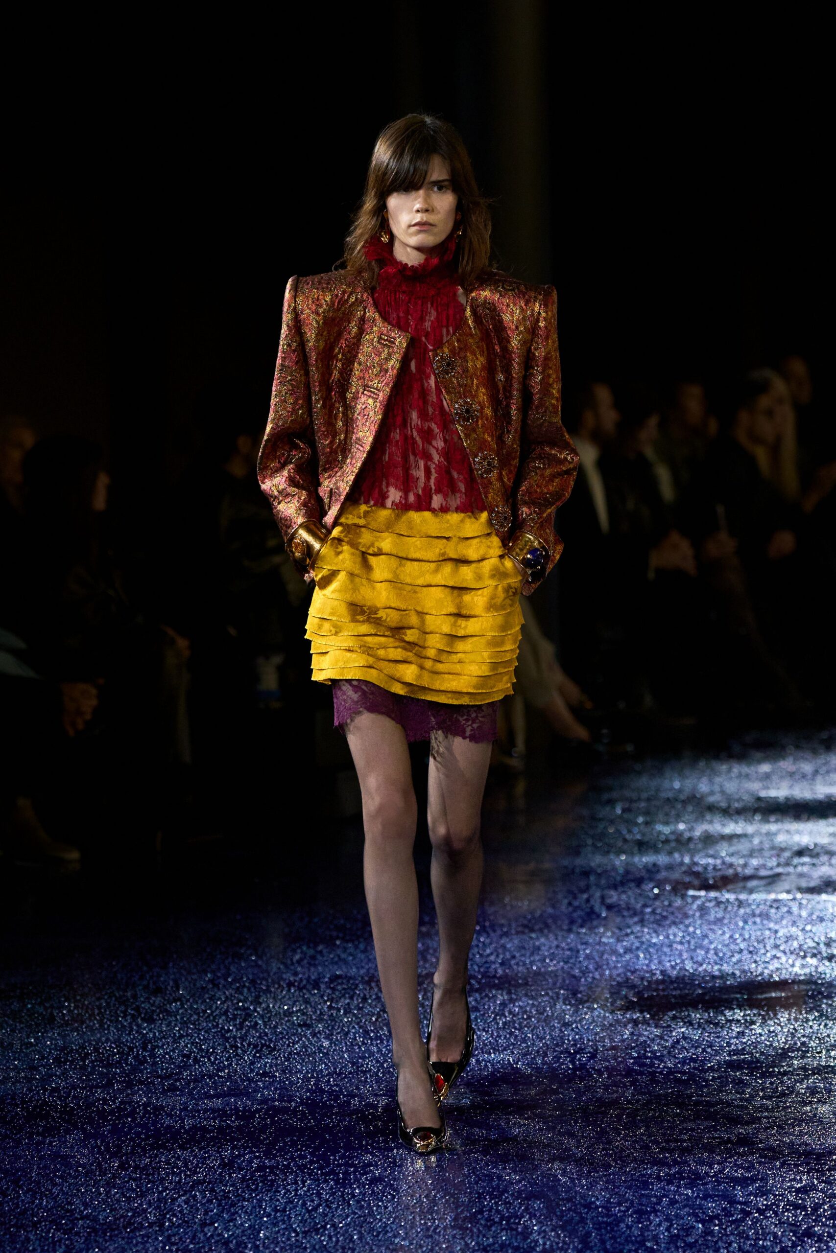 gold silk long-sleeve collared structured embroidered jacket