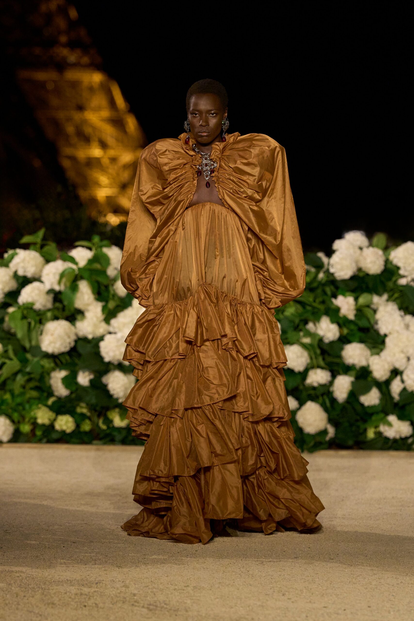 brown silk off-shoulder gown